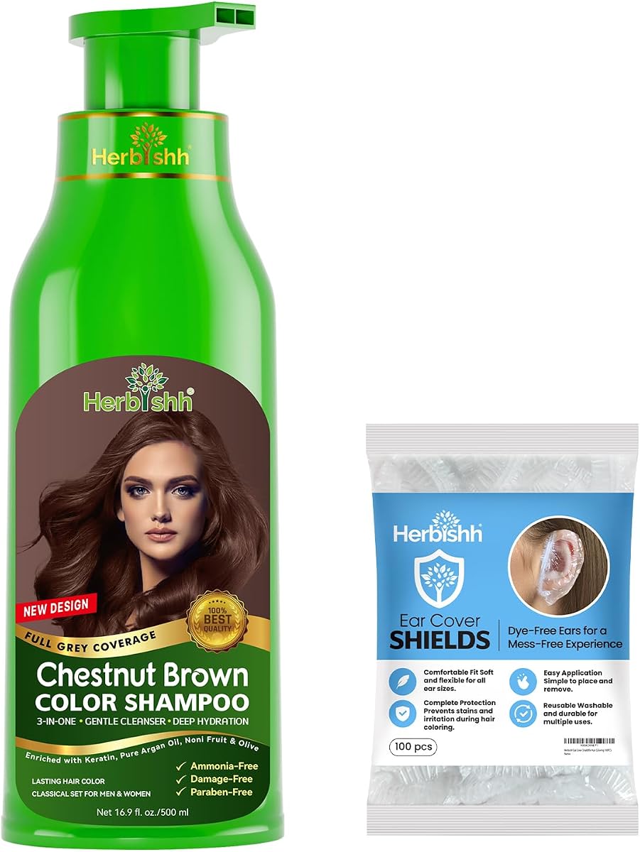 Herbishh Chestnut Brown 3 in 1 Hair Dye Shampoo 16.9 Fl.Oz + Hair Dye Stain Protection for Ears 100 pcs Combo Champu Para Canas Mujer, Color Shampoo for Gray Hair & Waterproof Plastic Ear Shower Caps