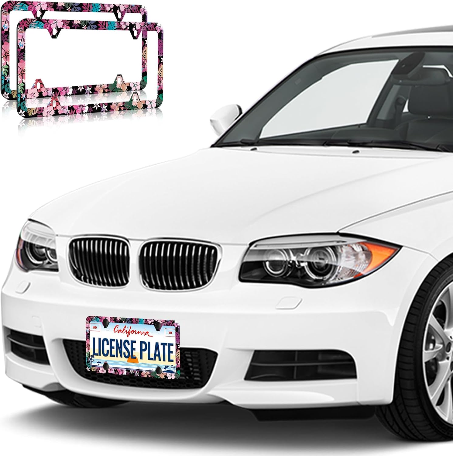 LIN KANG 2Pcs Red Pink Hibiscus License Plate Frames Colorful Tropical Floral License Plate Holder Universal Aluminum Metal Rust-Proof Waterproof Car Decorative Tag Frames for Standard US 12x6 Inch image 5