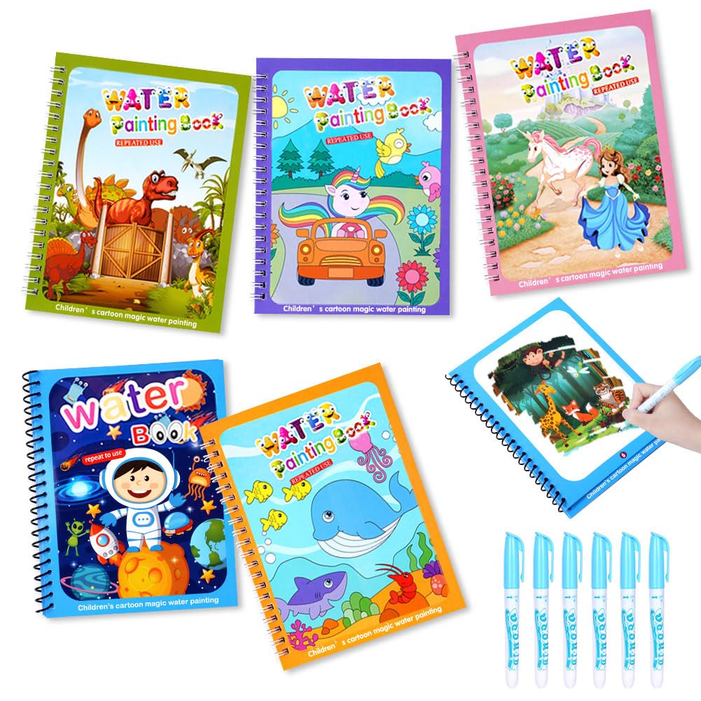OSDUE 6 Stück Wassermalbuch, Wiederverwendbar Wasser Malbuch, Magic Water Coloring Book Malbuch mit Wasserstift Wasserzauber malbuch