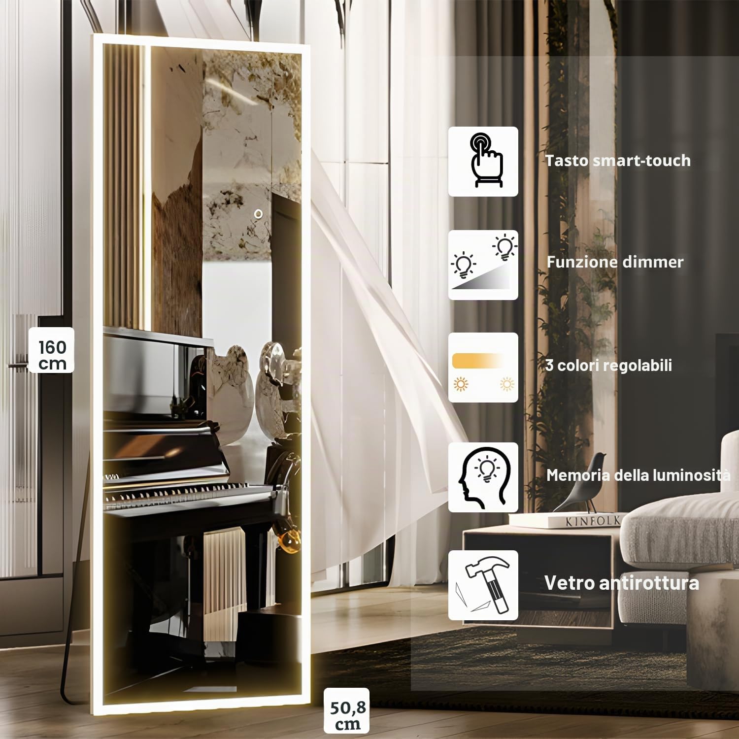 Specchio a figura intera a LED 160 x 50,8 cm, specchio rettangolare grande corpo per camera da letto soggiorno appeso o appoggiato alla parete telaio in lega di alluminio