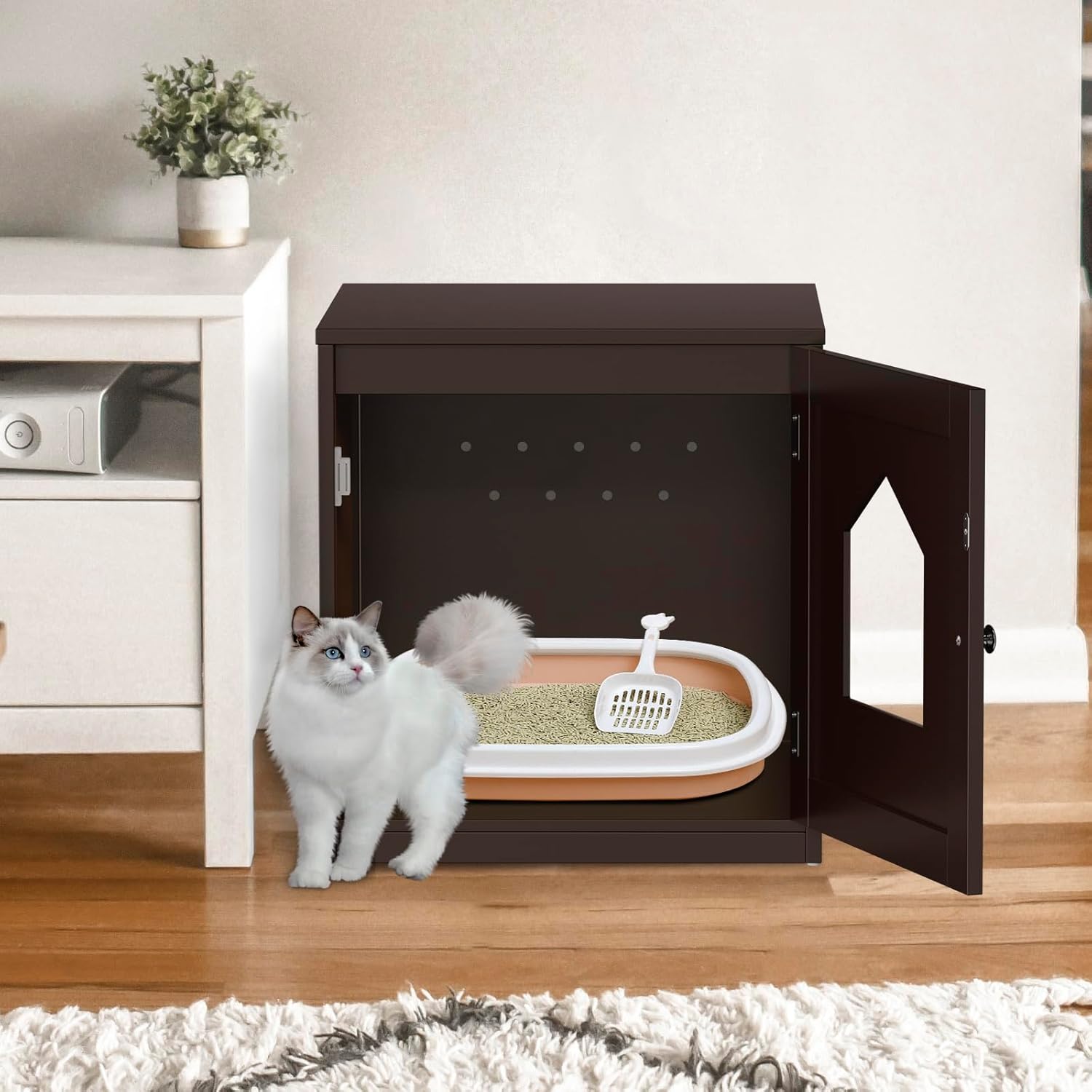 ZENY Cat Litter Box Furniture Hidden, Enclosed Cat Litter Box with Vent Holes, Indoor Cat Box Cabinet, Wooden Cat Washroom, End Table, Nightstand (Brown)
