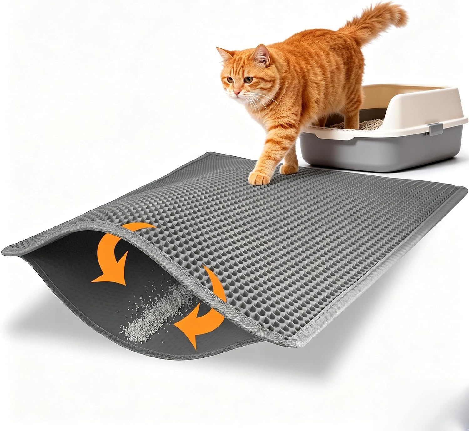 BISIA Honeycomb Cat Litter Trapping Mat, Double-Layer Waterproof Non-Slip Kitty Litter Box Mat, Easy Clean, Gray, 17.7”×23.6”