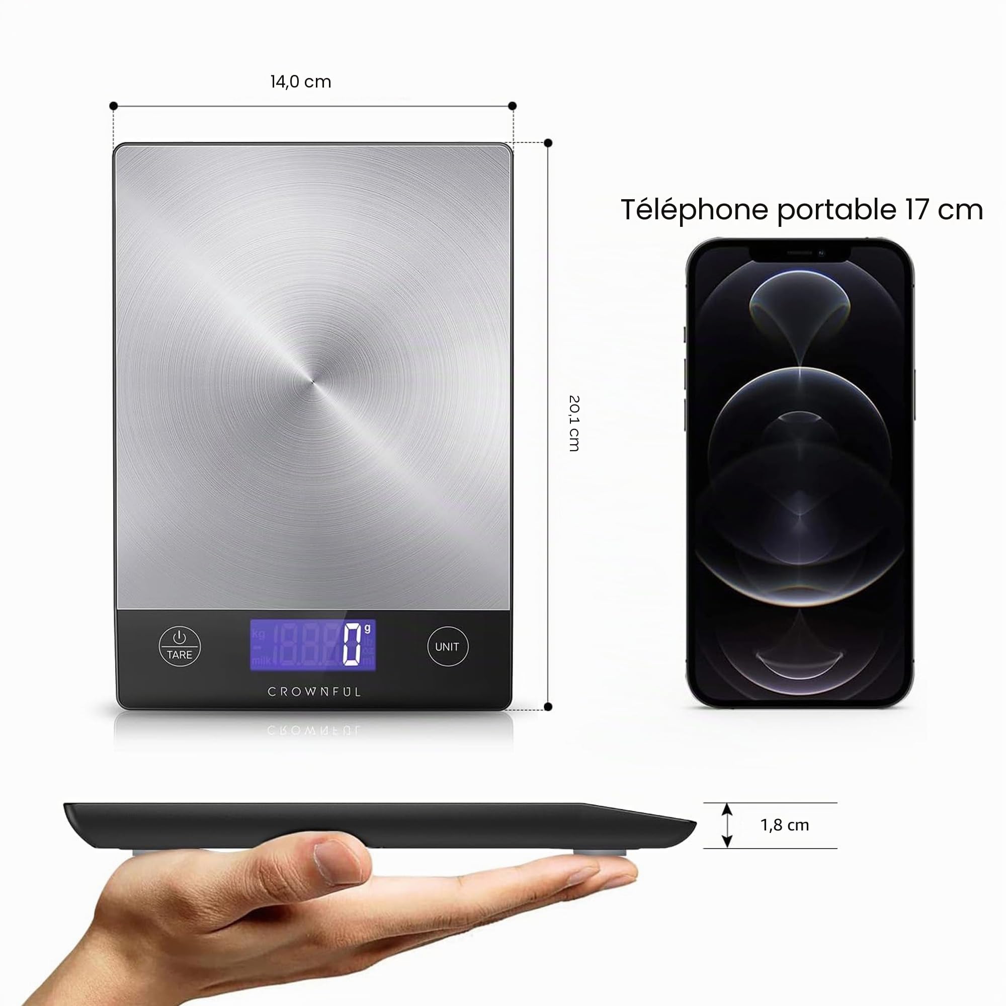 CROWNFUL Balance de cuisine rechargeable 15 kg, poids en grammes et onces pâtisserie et cuisine, chargement C, écran LCD, acier inoxydable 304