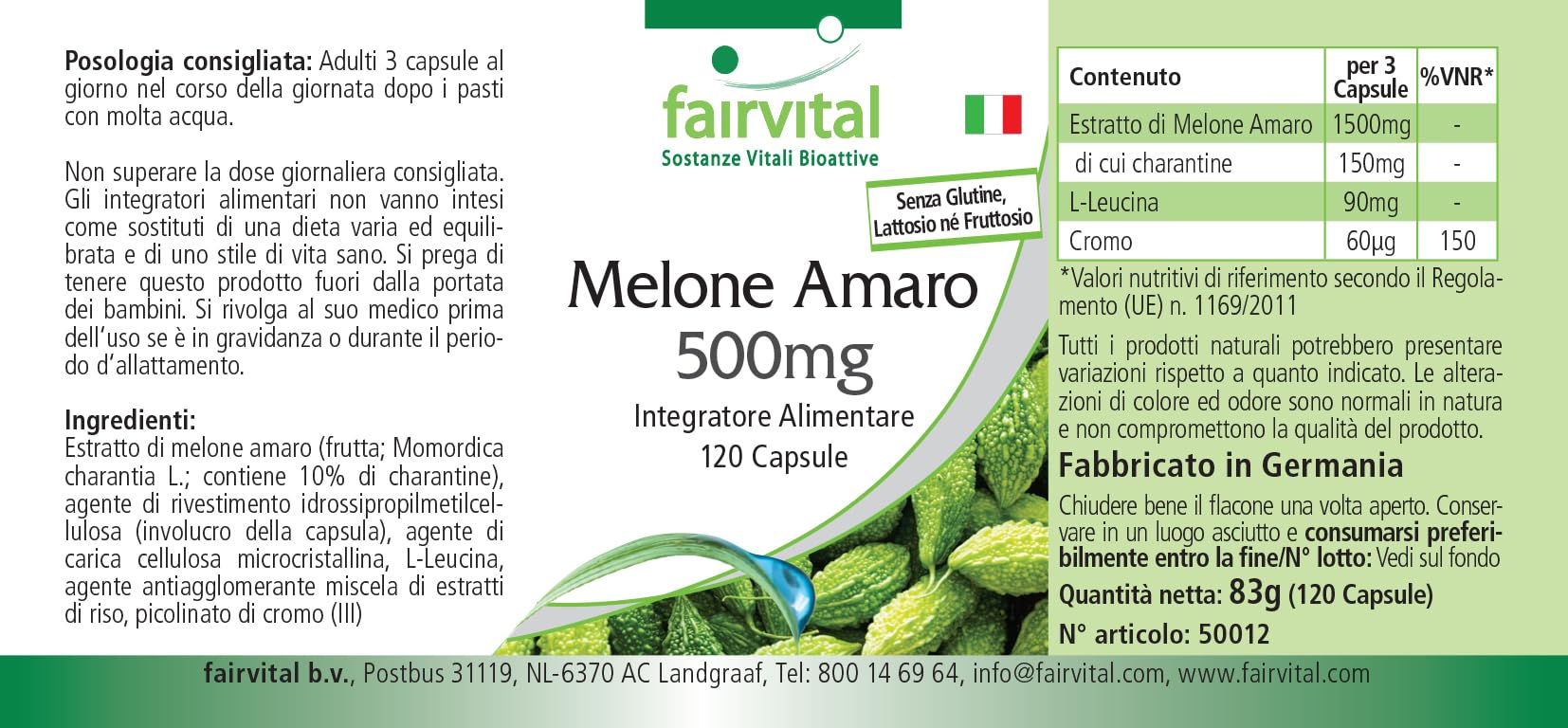 fairvital Melón amargo, 120 cápsulas, con 500mg de extracto de melón amargo y 20µg de cromo por cápsula, ALTA DOSIS, VEGANO, con un 10% de charantina