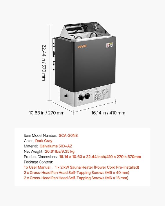 VEVOR Sauna Heater, 2KW AC 120V Electric Sauna Stove, Dry Steam Bath Saunas Stove with Pre-Drilled Bracket, Fit 52.9 to 88.2 CU.FT Saunas Rooms, Steam Bath Stoves for Home, Commercial, Leisure Venues