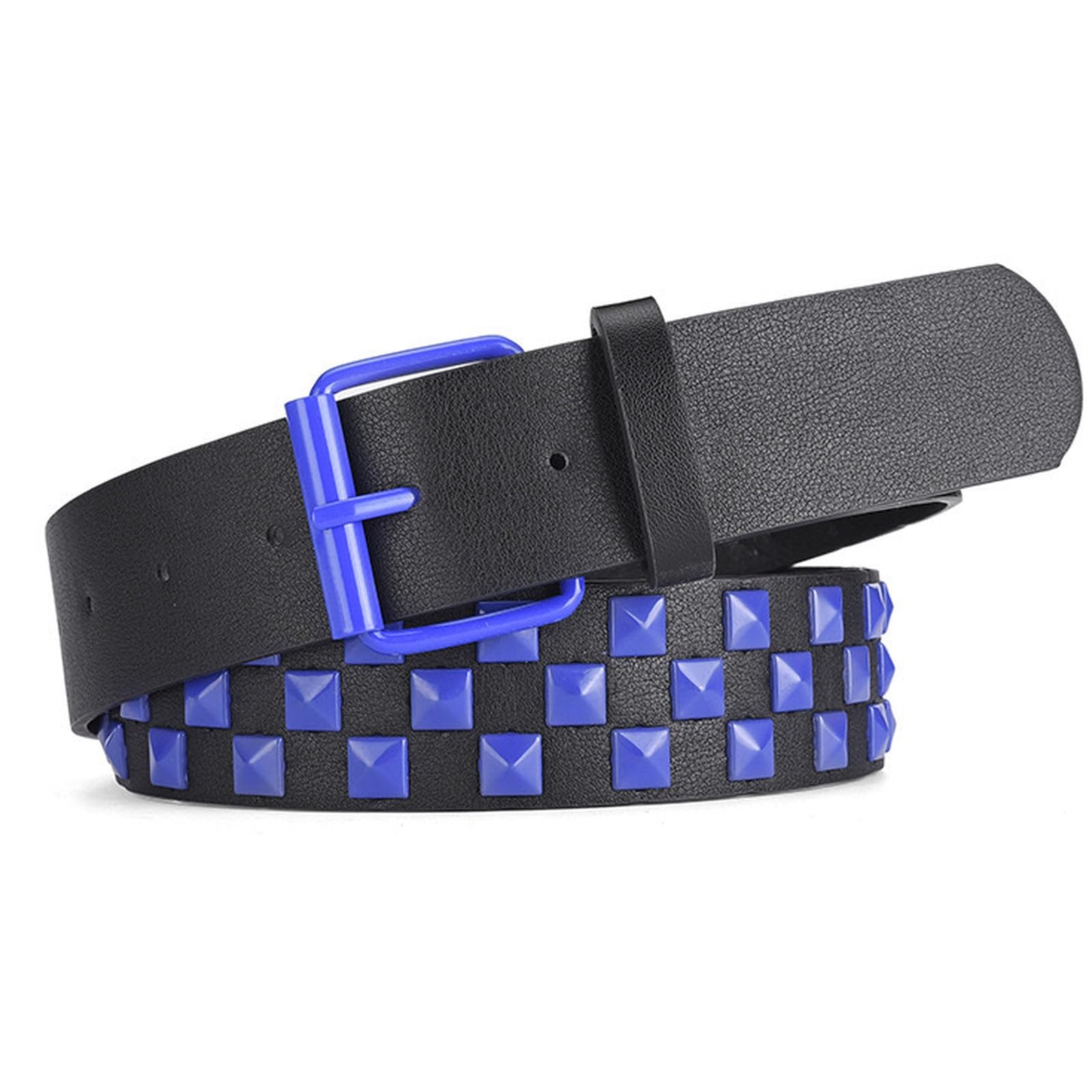 AGUTALITHIC Studded Belts, Punk Rock Goth PU-Leather Strap with Bright Pyramid Square Rivets & Roller Metal Buckle for Women(110cm/43, Blue)