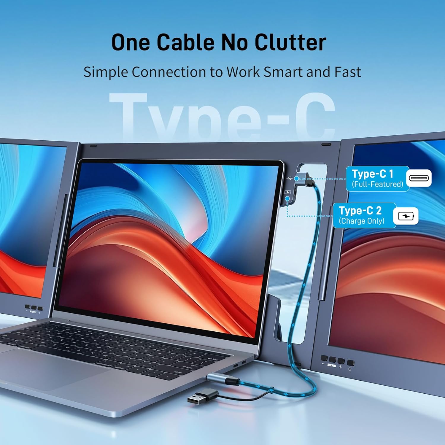 Laptop Screen Extender, 15.6" Triple Portable Monitor, Ultra-Slim 1080P FHD IPS, 360° Rotation, Single USB-C, Compatible with Mac/Windows/Android/PS4 for 11-17" Laptops - Image 2