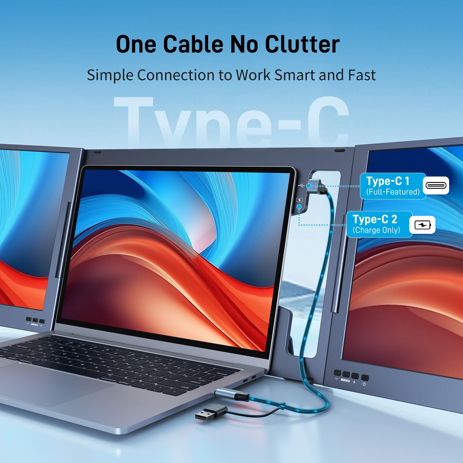 15,6” FHD triplo schermo laptop estensione UNO cavo di collegamento per laptop 11‘’-16‘’ ruotabile a 360° e ripiegabile per lavoro, viaggi, gioco