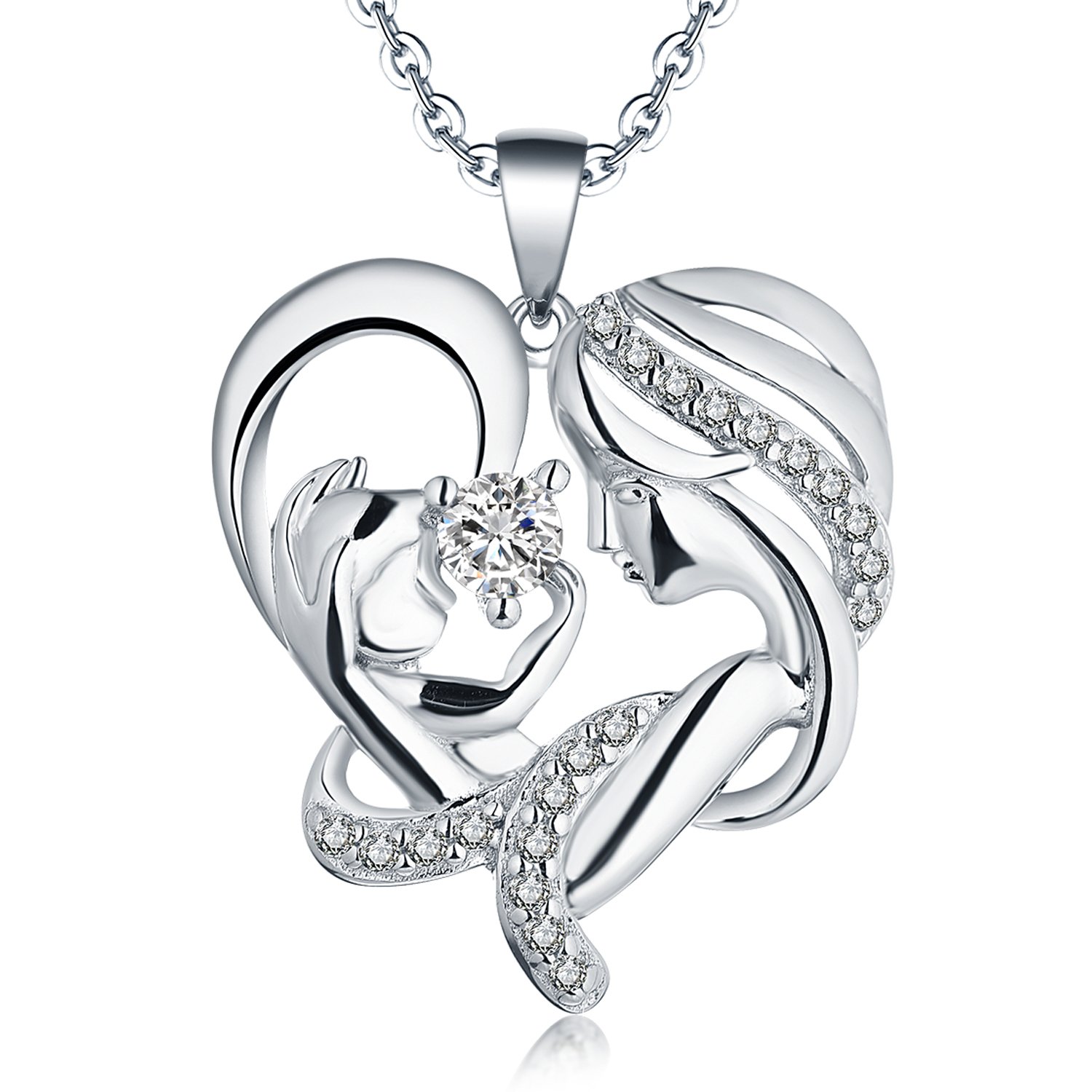 JO WISDOM Mujer Collar Plata de Ley 925,Colgante con Cadena Madre Hija Amor Corazon con AAA Circonita,Regalo para Mamá Mujer Niña