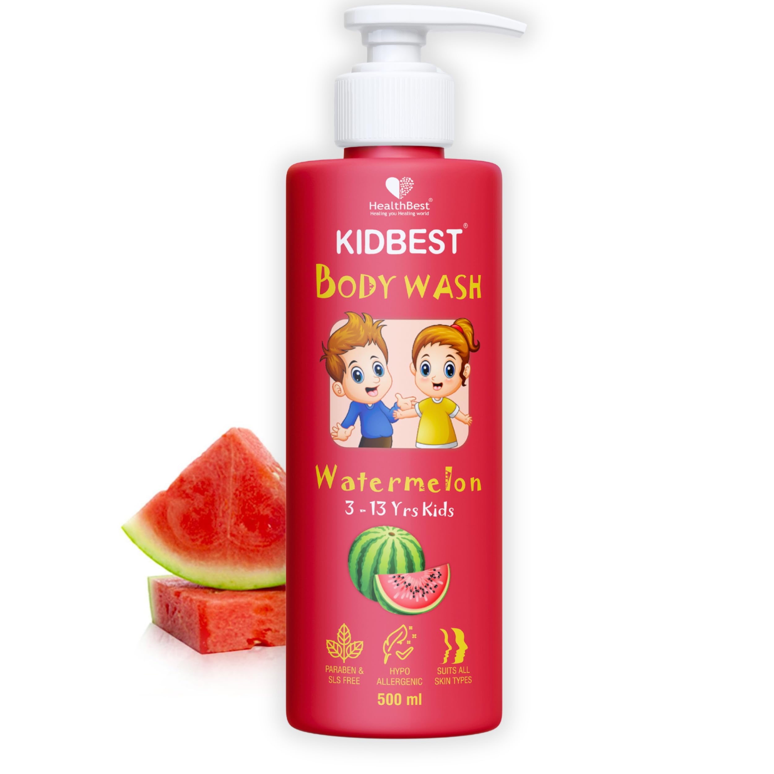 HealthBest Kid's Top to Toe Body Wash 500ml - Watermelon Scent - Tear-Free, Anti-Bacterial, Paraben & SLS-Free - Gentle for Normal, Sensitive & Dry Skin - Baby, Toddler & Child Body Wash