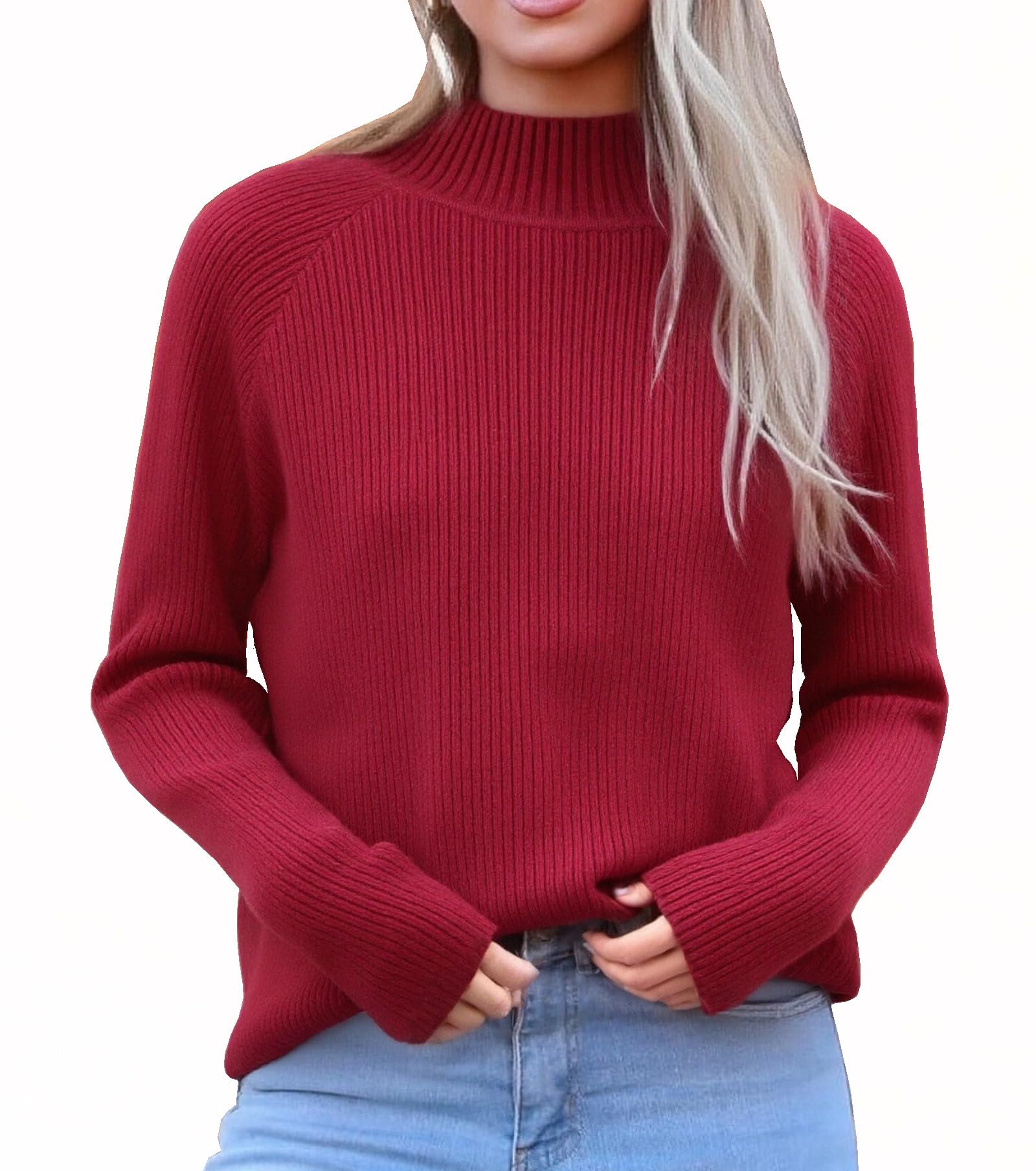 Ckikiou Casual Soft Knitted Mock Neck Sweater for Women Fall Winter Raglan Sleeve Ribbed Pullover Top