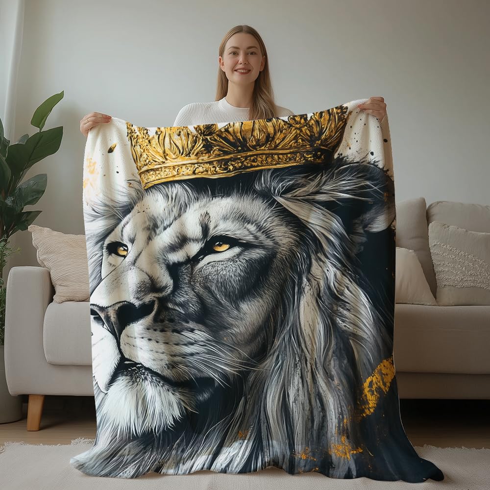 HUNXIAOJ Lion Throw Blanket Lion Crown Print Blanket Animal Lovers Gifts Warm Soft Flannel for Girls Boys Women Teens Adults Bed Sofa Couch (60 in x