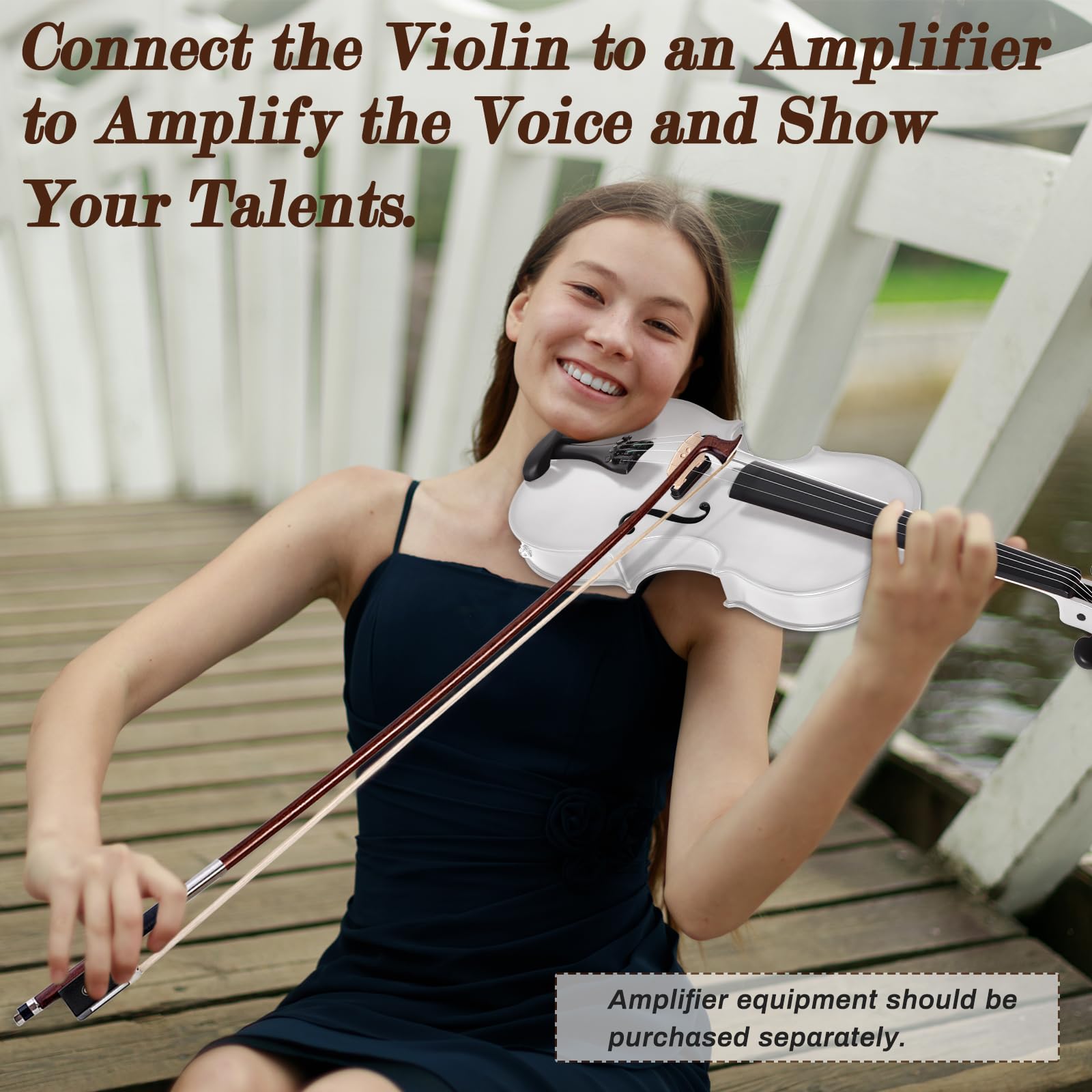Violino elettrico/acustico con accessori in ebano con custodia per il trasporto, archetto per violino, ponte, colofonia, spalliera, adesivi, accordatore, istruzioni, artigianato con acero, abete rosso