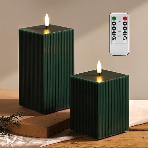 Miniatura 1 de Velas sin llama acanaladas verdes con control remoto, velas cuadradas con pilas LED  3" H 4" 6"