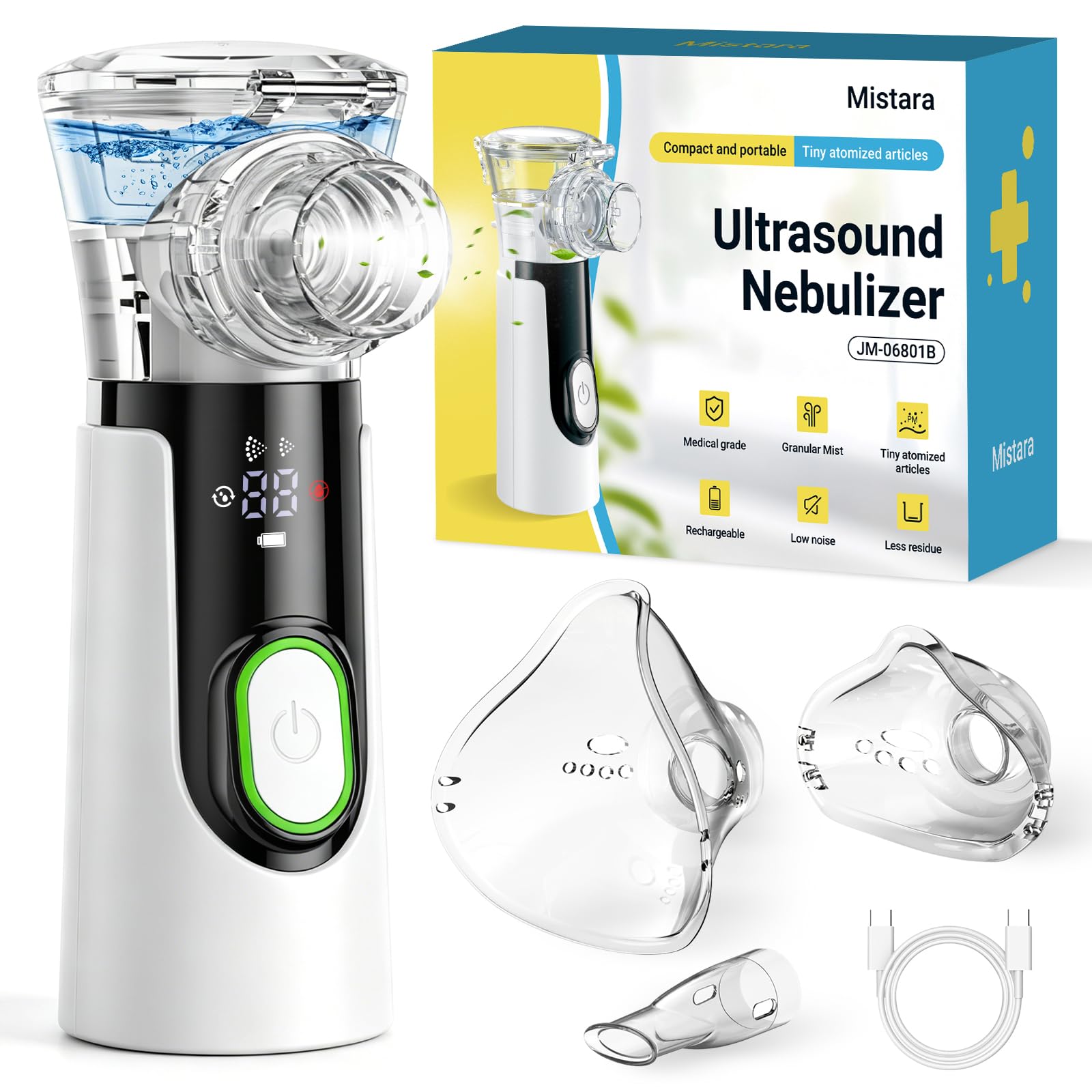 Mistara Aerosol Portatile Silenzioso per Adulti e Bambini - Macchina Aerosol con Display LED e Timer Digitale, Upgrade Auto-Pulizia, USB-C Ricaricabile, Maschere e Boccaglio, Mesh ≤5μm
