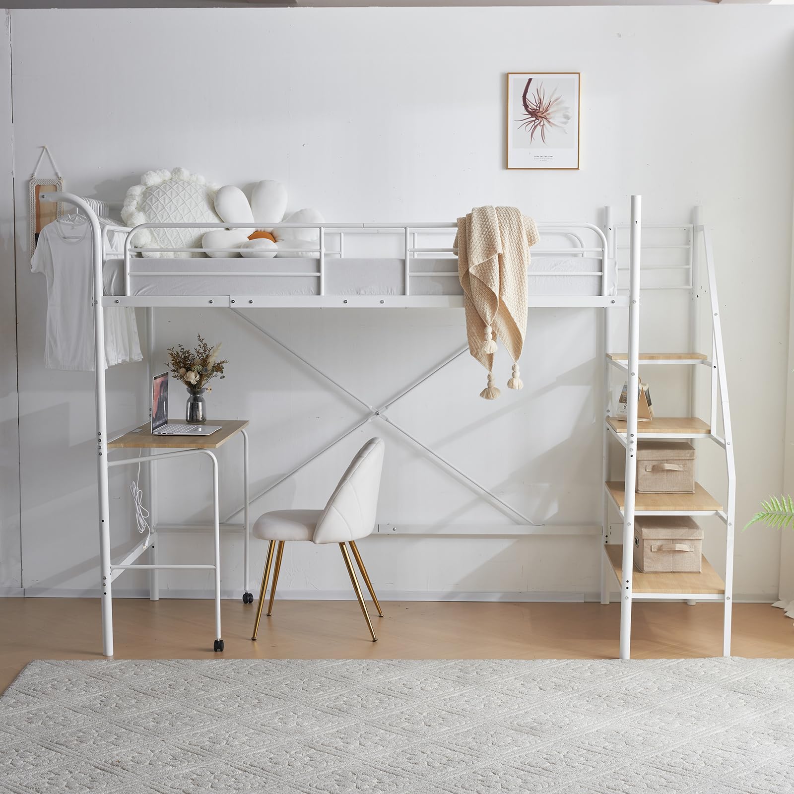 Amazon｜ロフトベッド パイプベッド 階段付き 折りたたみデスク付き  