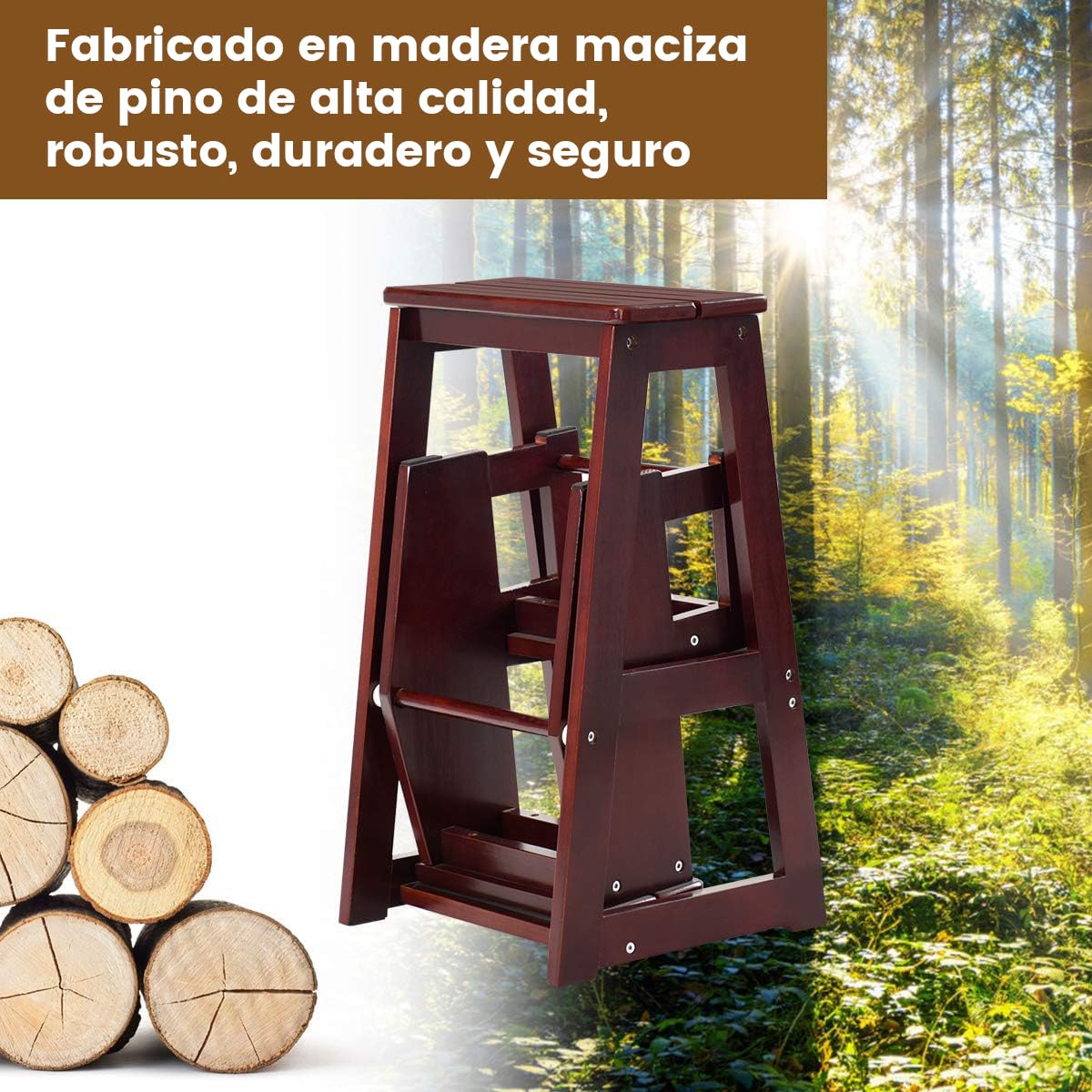 RELAX4LIFE 2 en 1 Taburete Plegable de 3 Peldaños de Madera de Pino, Taburete Escalera Multifuncional con 6 Almohadillas Antideslizantes para Cocina, Dormitorio y Tienda, 38,5x57x66cm (Marrón)