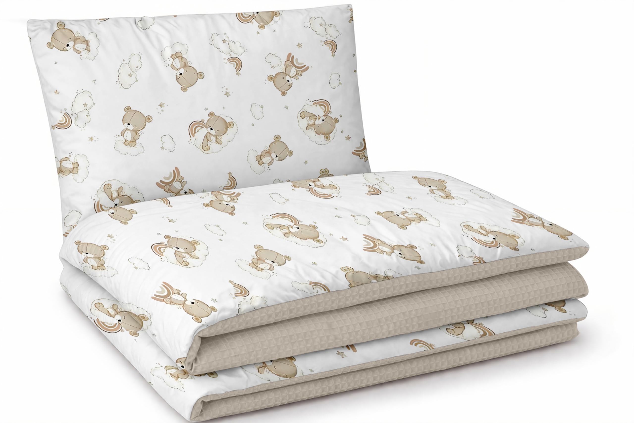 Babynest Nestchen Baby Set für Neugeborene – 5-teilig – Kuschelnest aus 100% Baumwolle & Waffelpique – Babykokon tragbar – für Babybett, Kinderbett & Kinderwagen – OEKO-TEX - Teddy und Sand