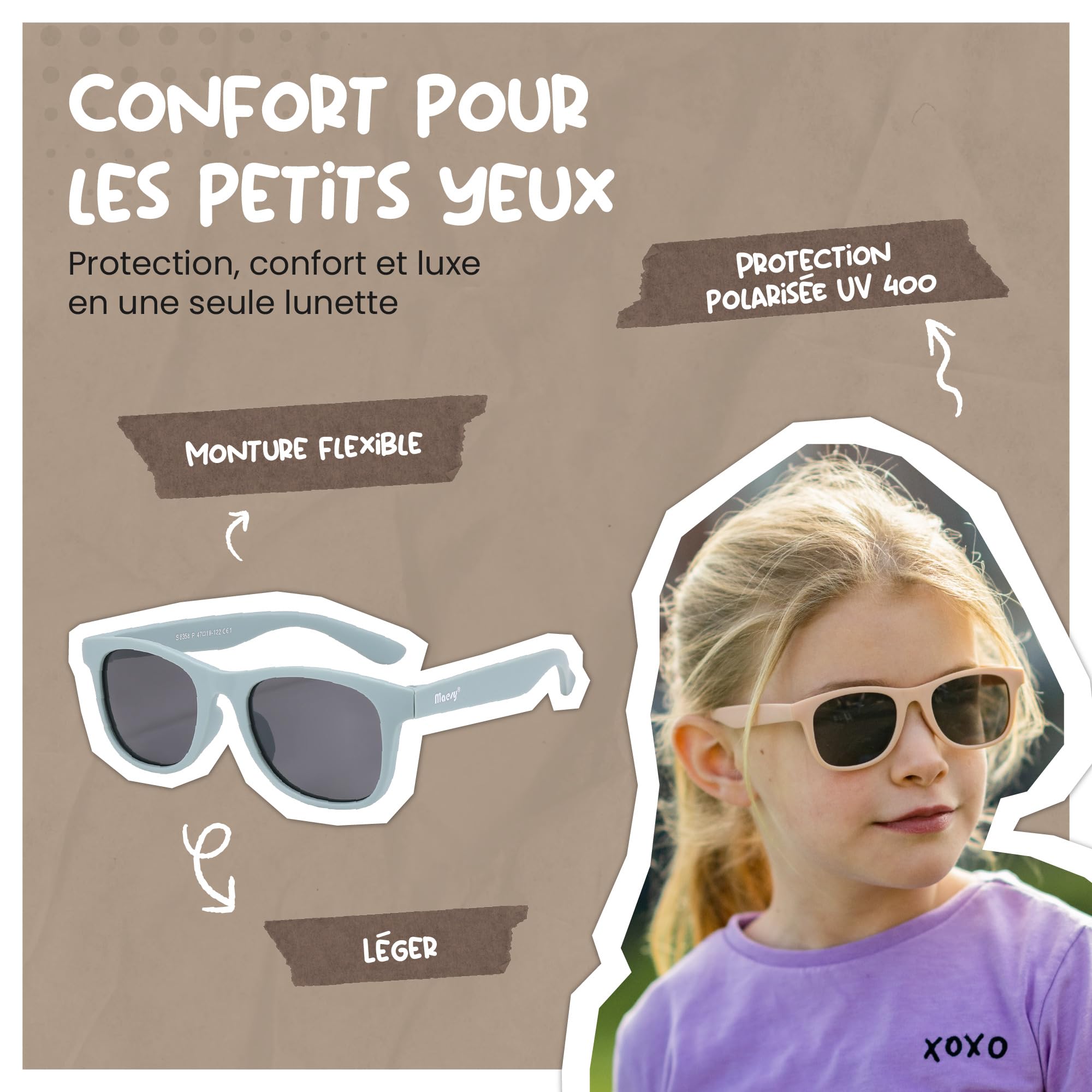 Lunettes de Soleil Enfants - 3-6 Ans - Protection UV400 Polarised - Cadre Flexible et Pliable - Lunettes de Soleil Sûres et Confortables pour Tout-Petits et Enfants d'Âge Préscolaire - Lino