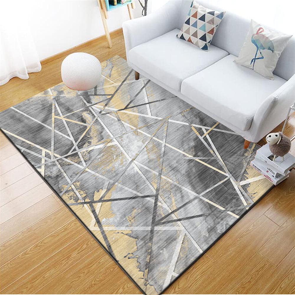 Tapis poil court 80x120cm moderne géométrique gris jaune pour salon lavable en machine
