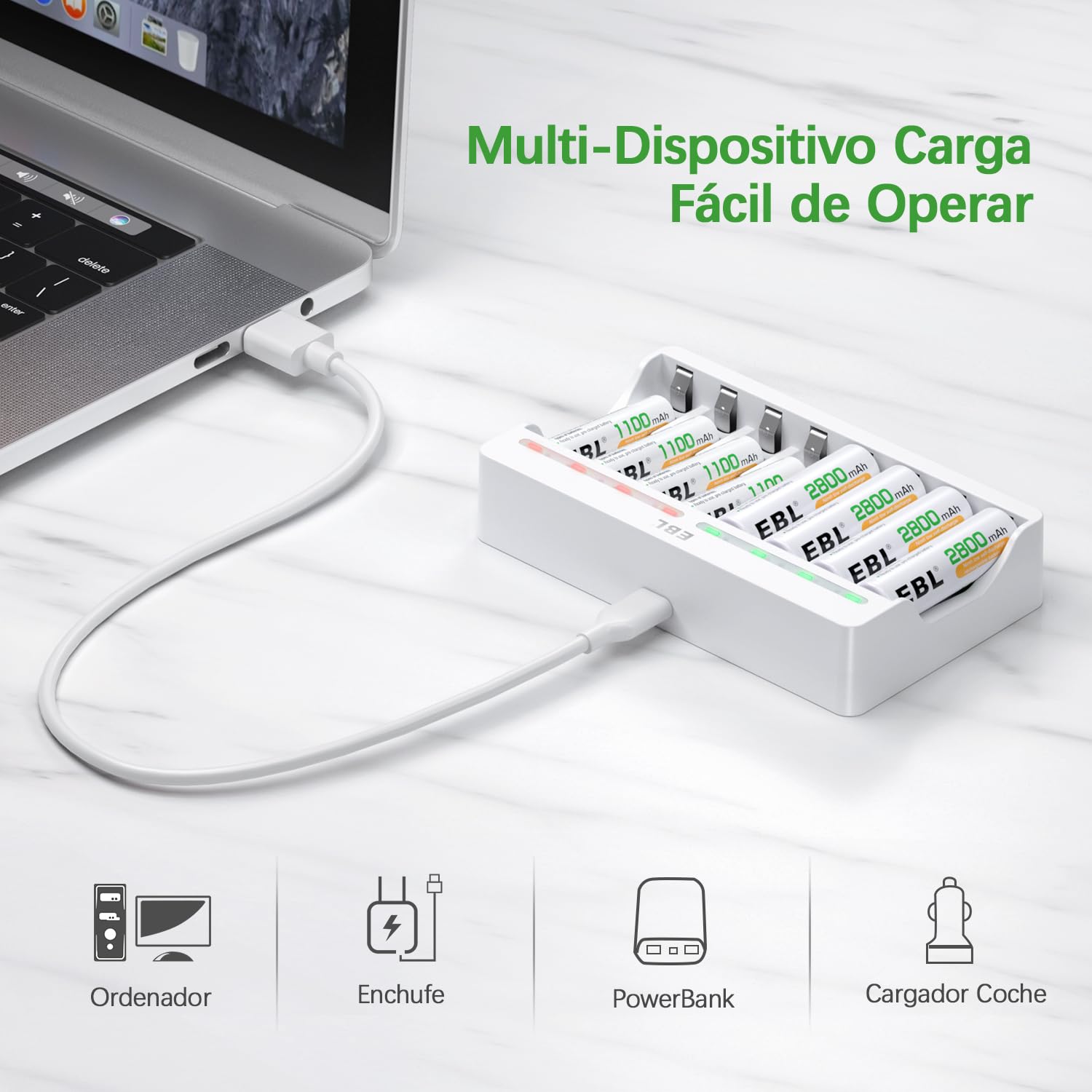 EBL 9010 Cargador de 8 Ranuras Individuales, Cargador de Pilas AA AAA NiMH Carga Rápido con Puerto USB