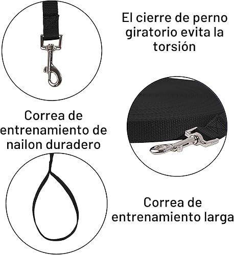 Miniatura 3 de Hi Kiss Correa de Entrenamiento de Obediencia y Agilidad para Perros/Cachorros - 15 pies 20 pies 30 pies 50 pies 100 pies - Ideal para Jugar, Negro
