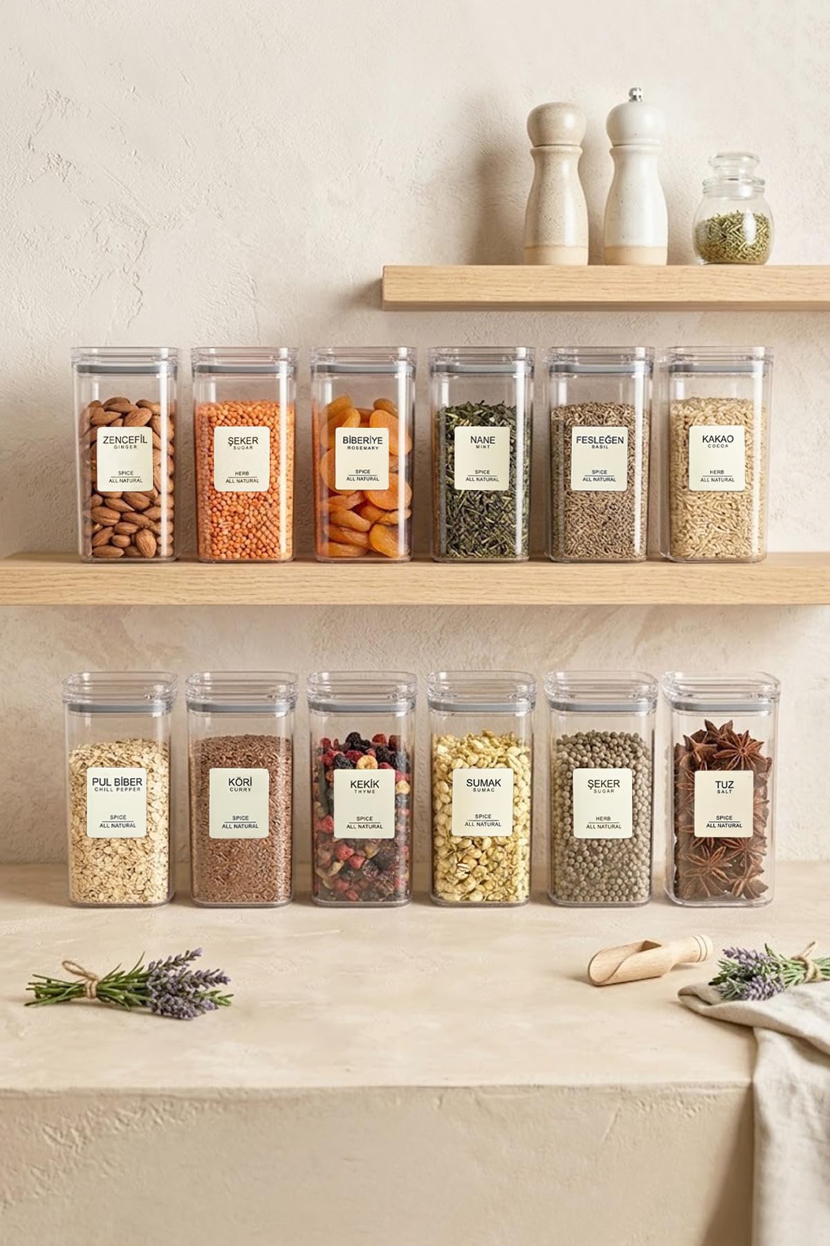 12er Gewürzdosen Set 300 ml mit Luftdichtem Deckel und Etiketten – Transparente Quadratische Acryl Gewürzbehälter mit Grüner Silikondichtung – Vorratsdosen für Gewürze und Kräuter