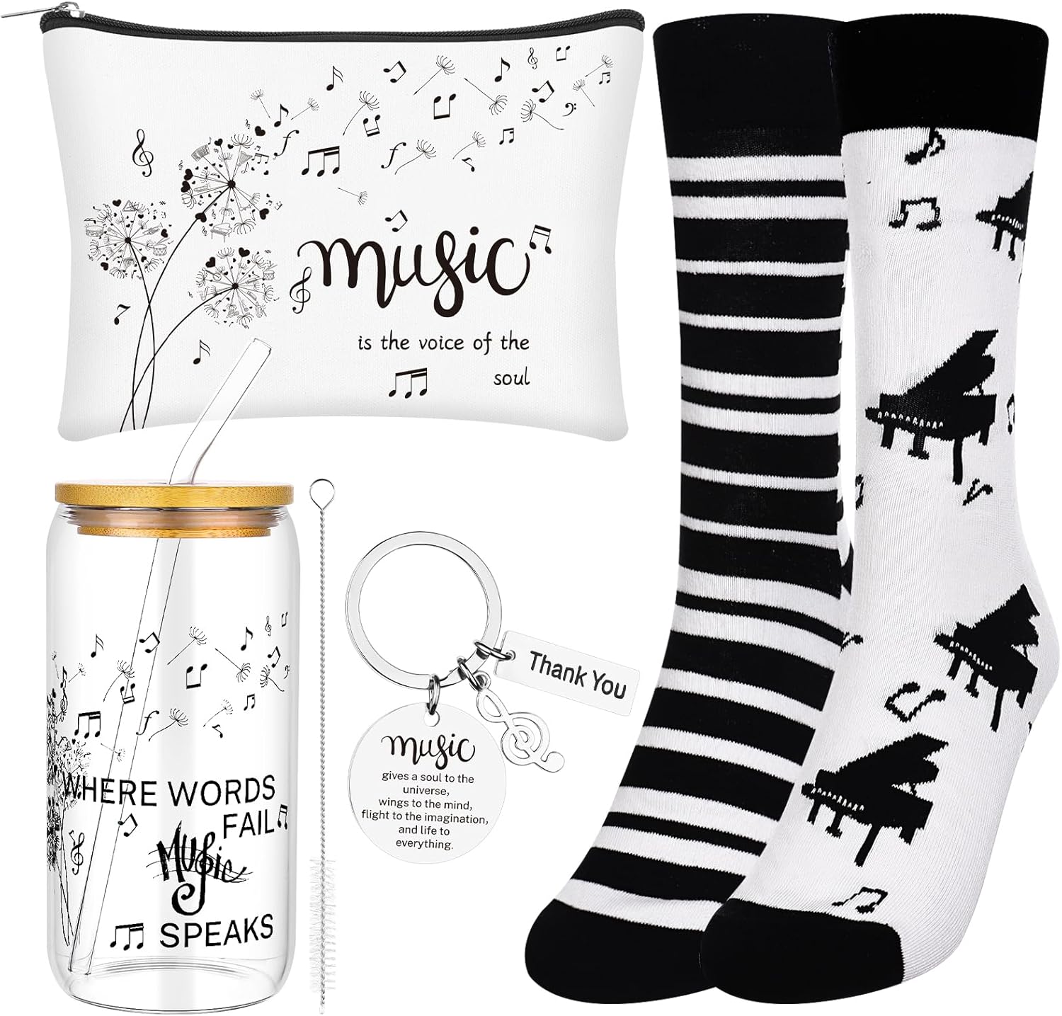 Women Music Themed Gifts Music Lovers Set Including Transparent Glass Cup Musical note Makeup Bag Keychain Socks Gifts for Women Lovers Singers Pianist Teacher