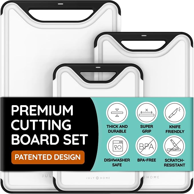 𝐏𝐫𝐞𝐦𝐢𝐮𝐦 𝐓𝐡𝐢𝐜𝐤 Cutting Boards for Kitchen, Plastic Cutting Board Set of 3, Dishwasher Safe Cutting Boards w/Juice Grooves for Meat, Veggies, Easy Grip Handle, Easy Grip Handle