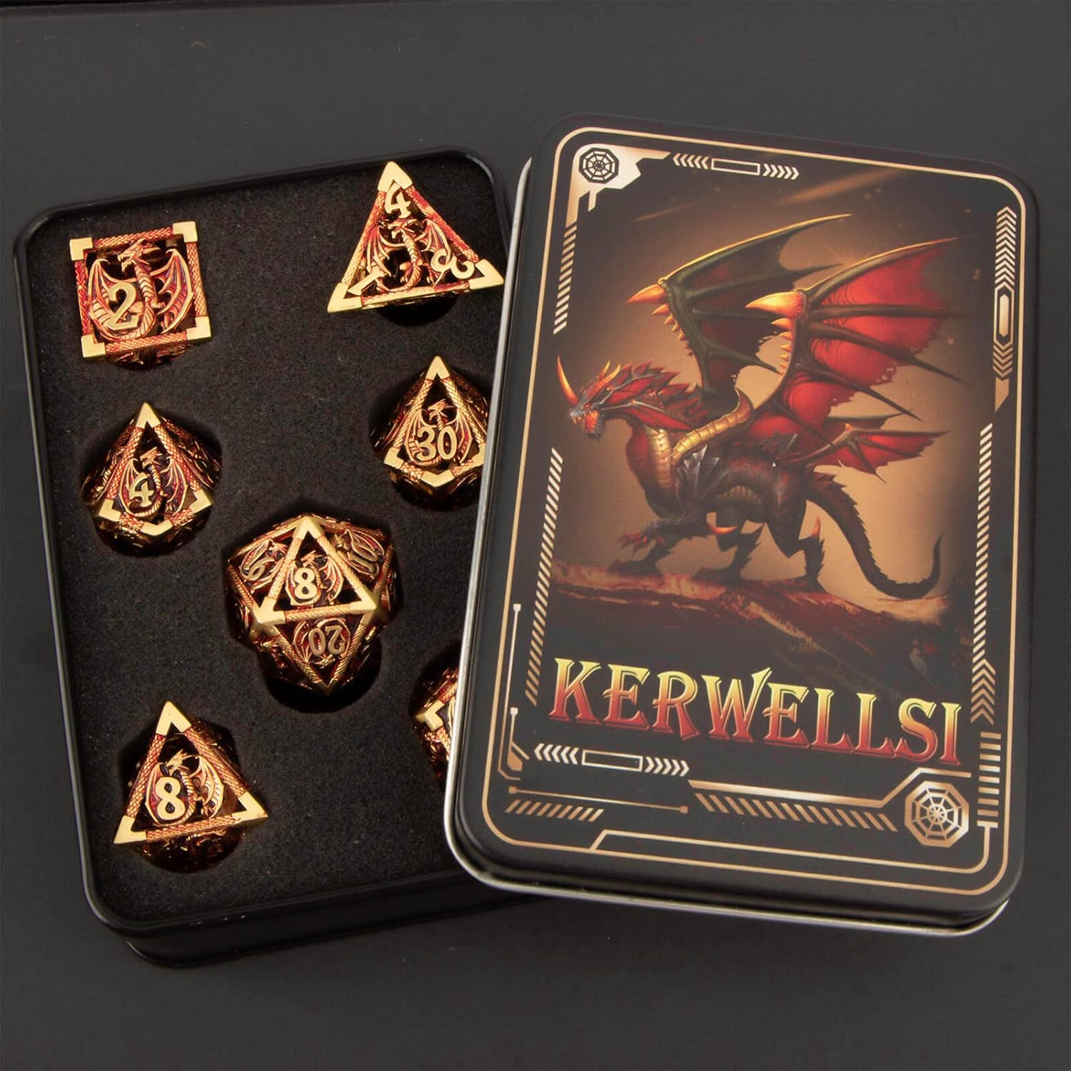 KERWELLSI Hollow DND Dice Set D&D with Gifts Box, 7pcs Polyhedral Metal D and D Dice for Role Playing Game, Dungeon Dragon Dice D20 D12 D10 D8 D6 D4 (Red)