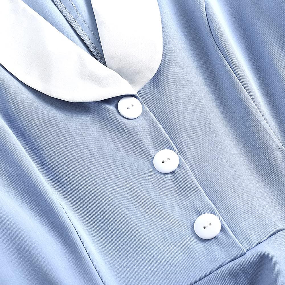 Women 50s 60s Vintage Short Sleeve V-Neck Cocktail Swing Dress Notch Lapel Collar 1950s Rockabilly Prom Dress Buttons Tea Party A line Dance Gown Elegant Midi Evening Dress with Pockets Light Blue S - Image 2