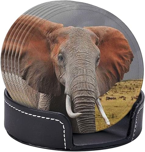 Miniatura 3 de Juego de 6 posavasos de cuero con estampado de elefante, juego de 6 posavasos de protección para mesa de café, bar, cocina, comedor