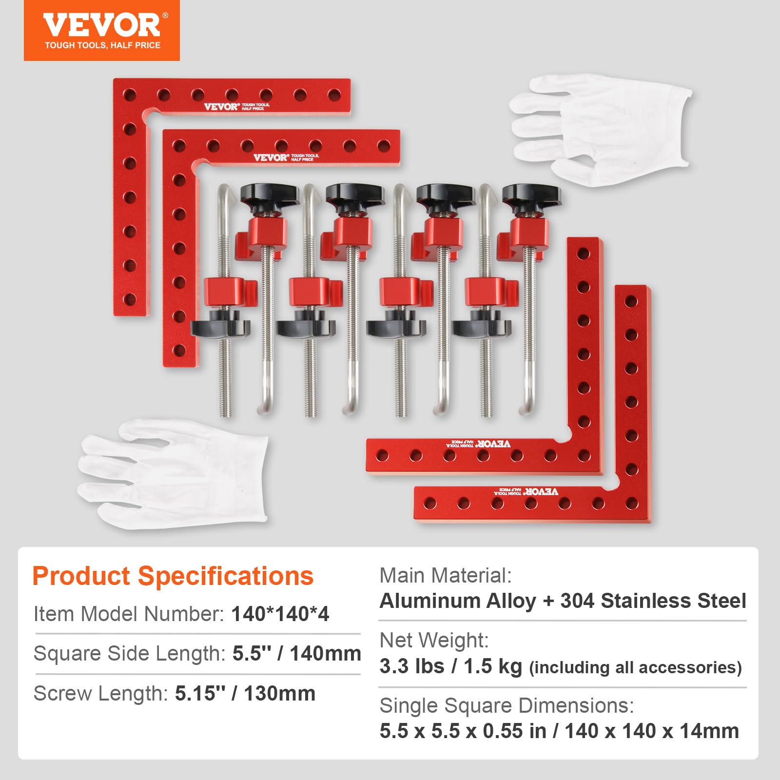 VEVOR Cuadrados de posicionamiento de 90 grados, abrazaderas de ángulo recto de 5,5" x 5,5" para carpintería, cuadrados de sujeción de esquina de aleación de aluminio para cajas, gabinetes y cajones