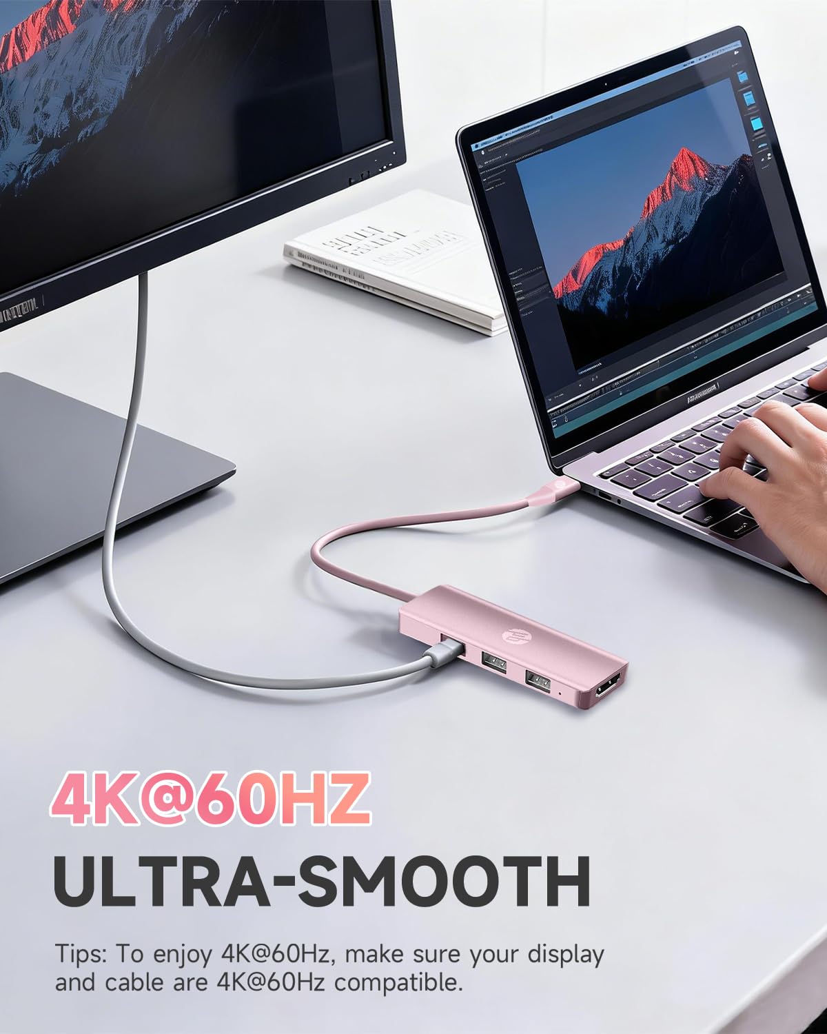 HP Docking station USB C, hub multi-porta USB C 5 in 1 con HDMI 4K, alimentazione 100 W, per laptop, MacBook, iPad, Thinkpad e altro, rosa
