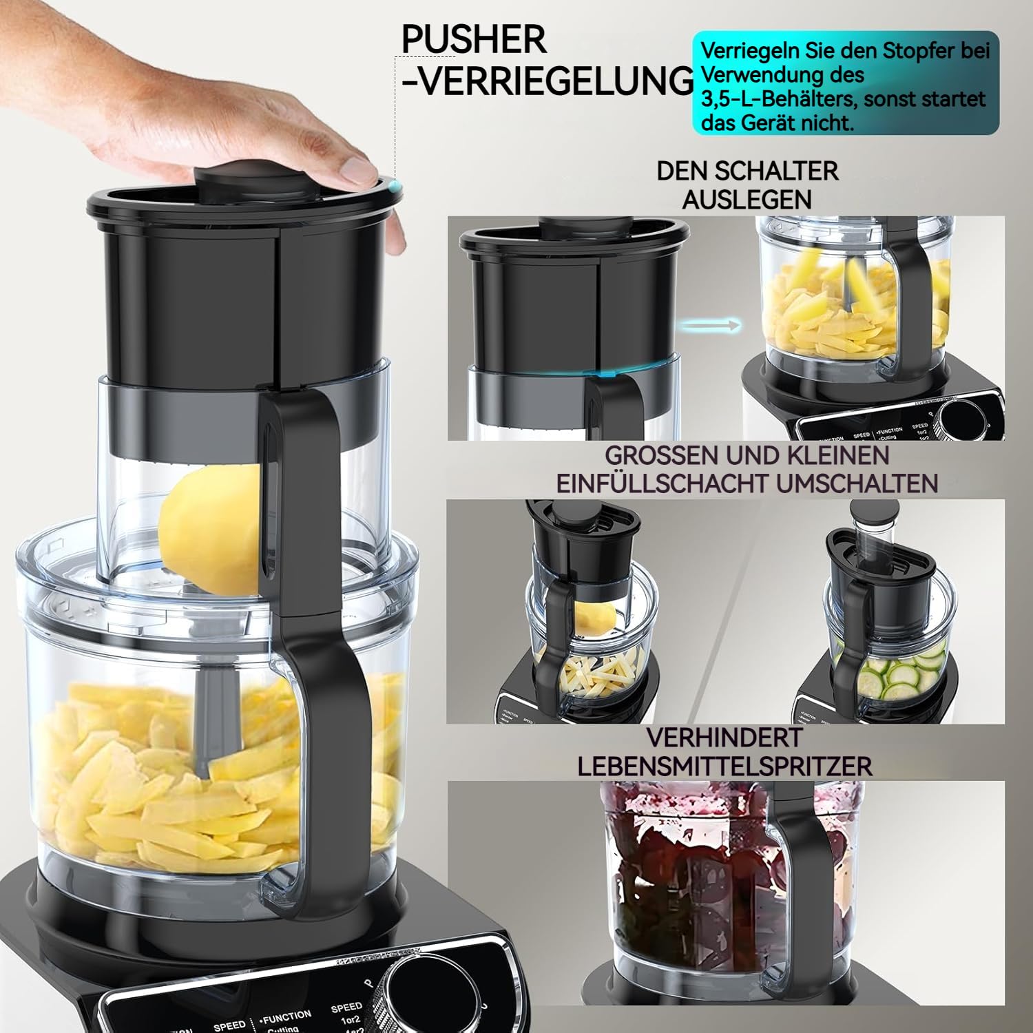 FIMEI Küchenmaschine 1300W, 3 Geschwindigkeiten und Impulsfunktion, 3,5L Zerkleinerer, 1,5L Mixer, Mühle, Zitruspresse, Teighaken, Schneebesen, Reibe, Wendescheibe, Food Processor