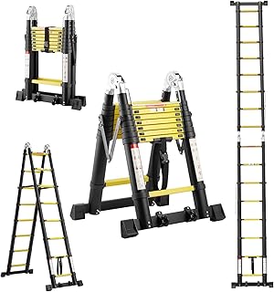 TEENO 5M (2.5+2.5) Teleskopleiter Klappleiter Aluminium|Teleskop-Mehrzweck-Klapptritt mit 2 abnehmbaren Rädern und Dreiecksstabilisatoren|Multifunktionale Klappleiter mit Ausgleichsstange|Schwarz