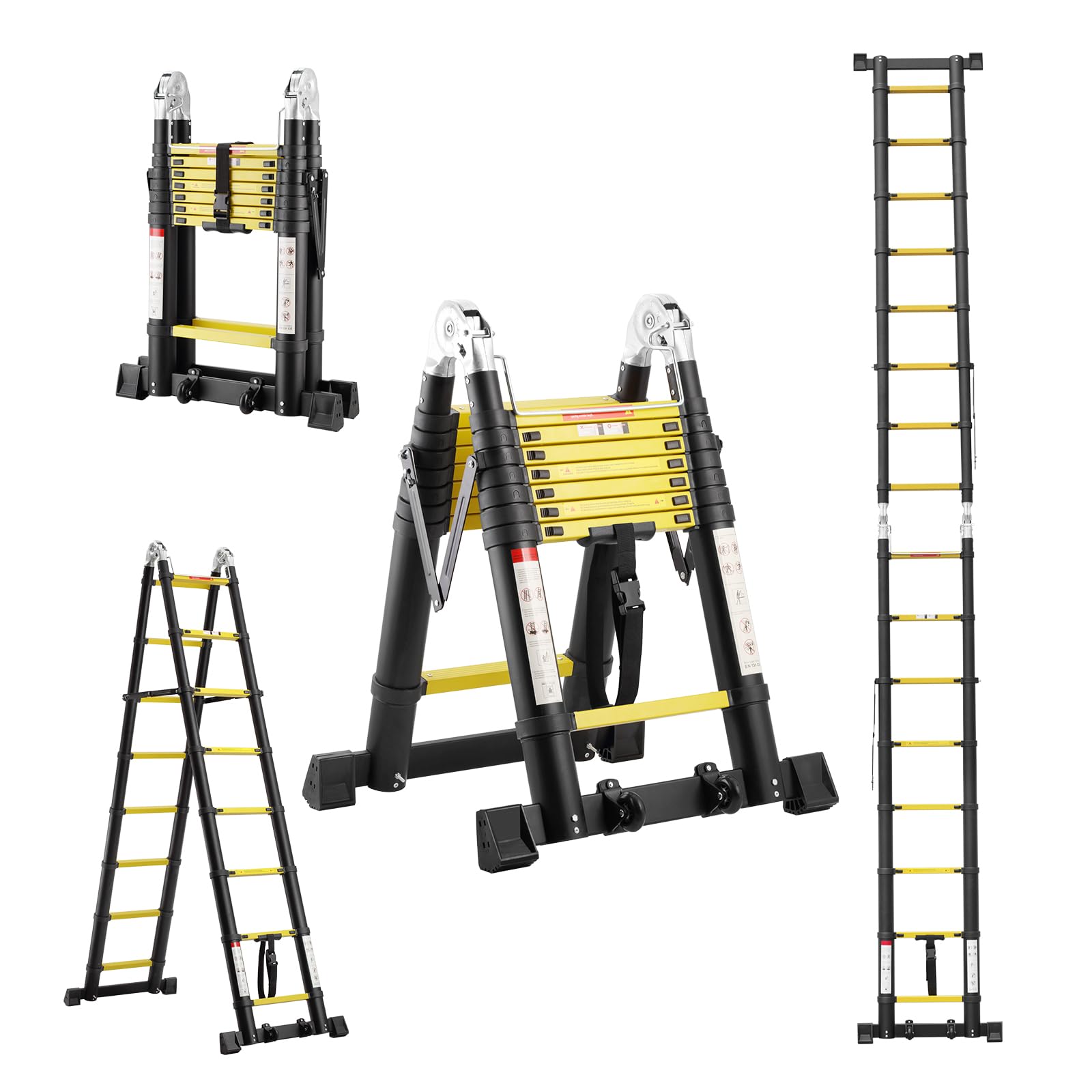 TEENO 5M (2.5+2.5) Escalera Telescópica de Aluminio, Escalera Multipropósito Antideslizante Escaleras Telescópicas Portátiles con 2 Polea Doble y Barra Estabilizadora, Carga Máxima 150 kg, Negro