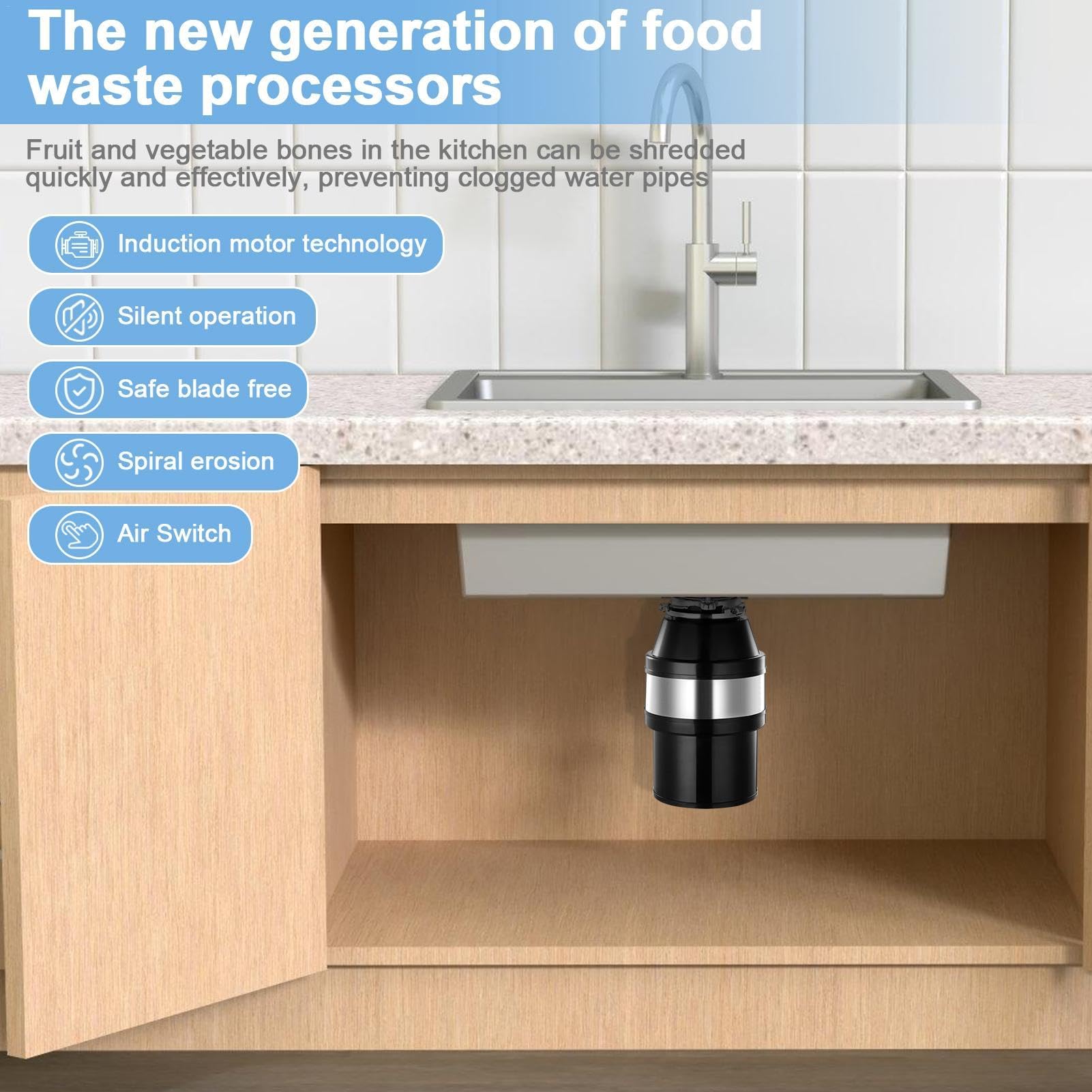 Triturador Residuos Alimentos Acero Inoxidable, Triturador Basura para Fregadero AlimentacióN Continua 1400 Ml, ProteccióN contra Sobrecargas y Ruido para Fregadero de Cocina