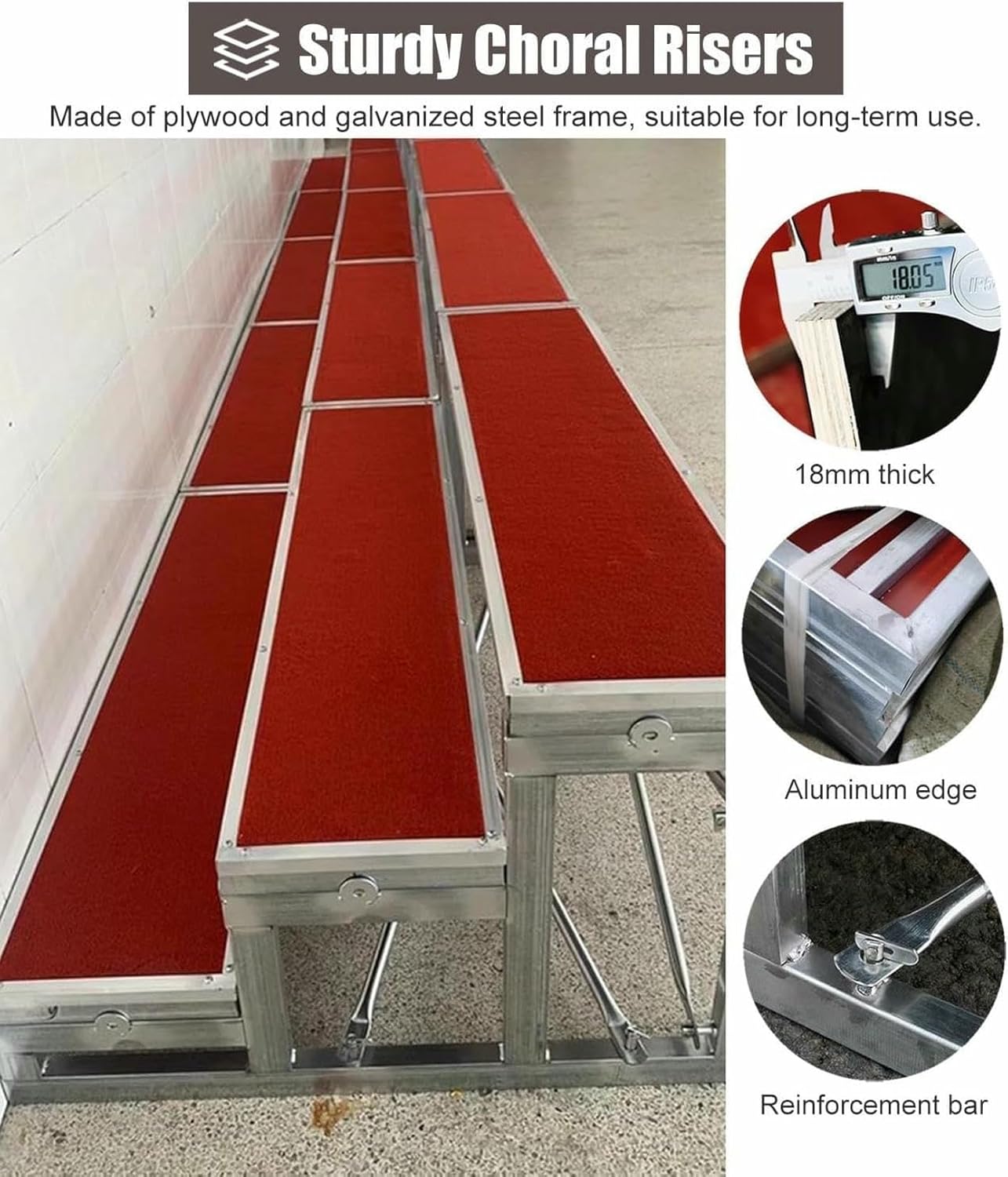 Portable Choir Risers Step, 1 2 3-Tier Adjustable Anti-Slip Choral Platform, Commercial Choral Stair Treads for Group Shots Schools Churches