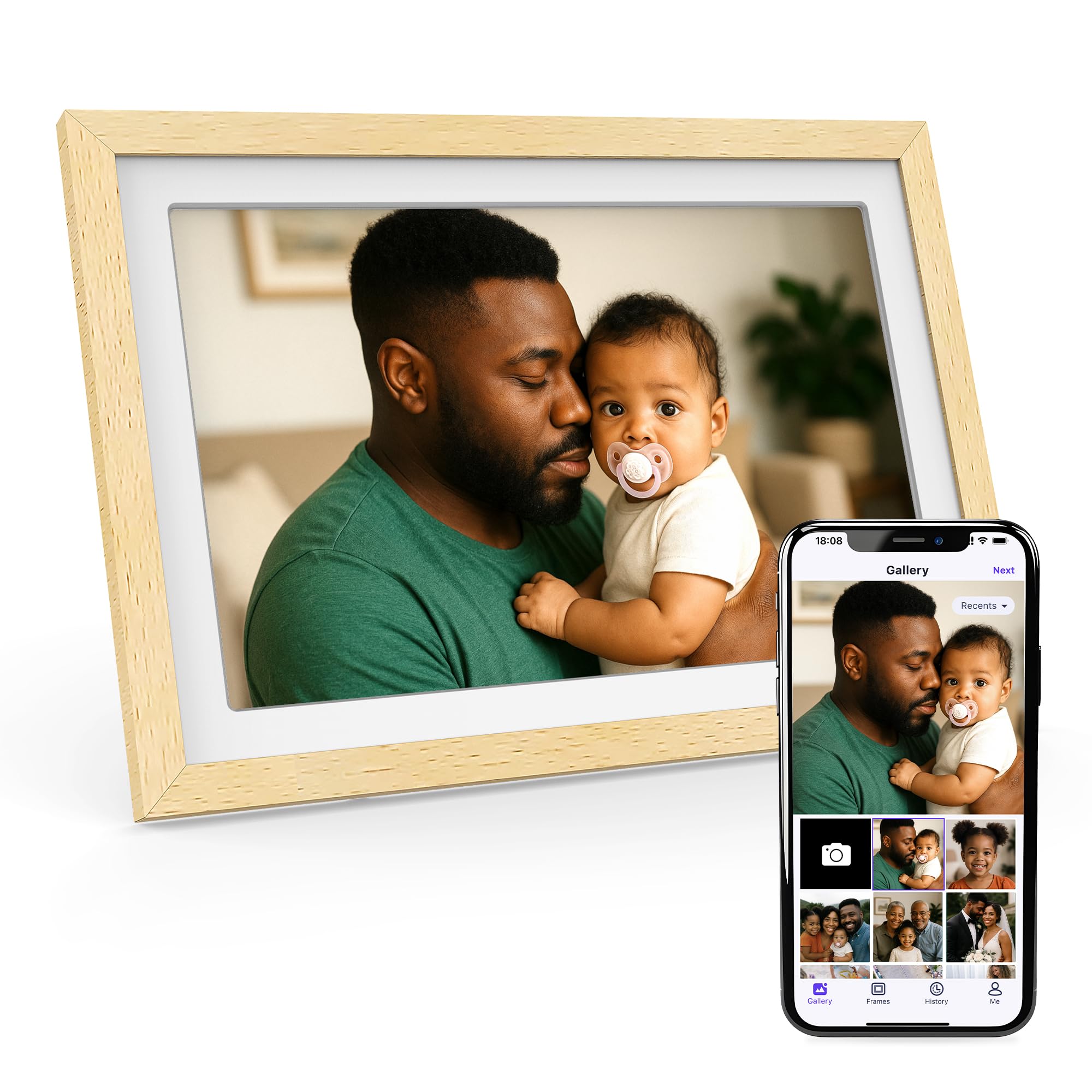 XORO Cornice digitale WiFi da 11 pollici, 1920 x 1080 Full HD 1080P IPS Touch Display 32 GB di memoria, rotazione automatica, legno di faggio, condividi foto istantaneamente da qualsiasi luogo
