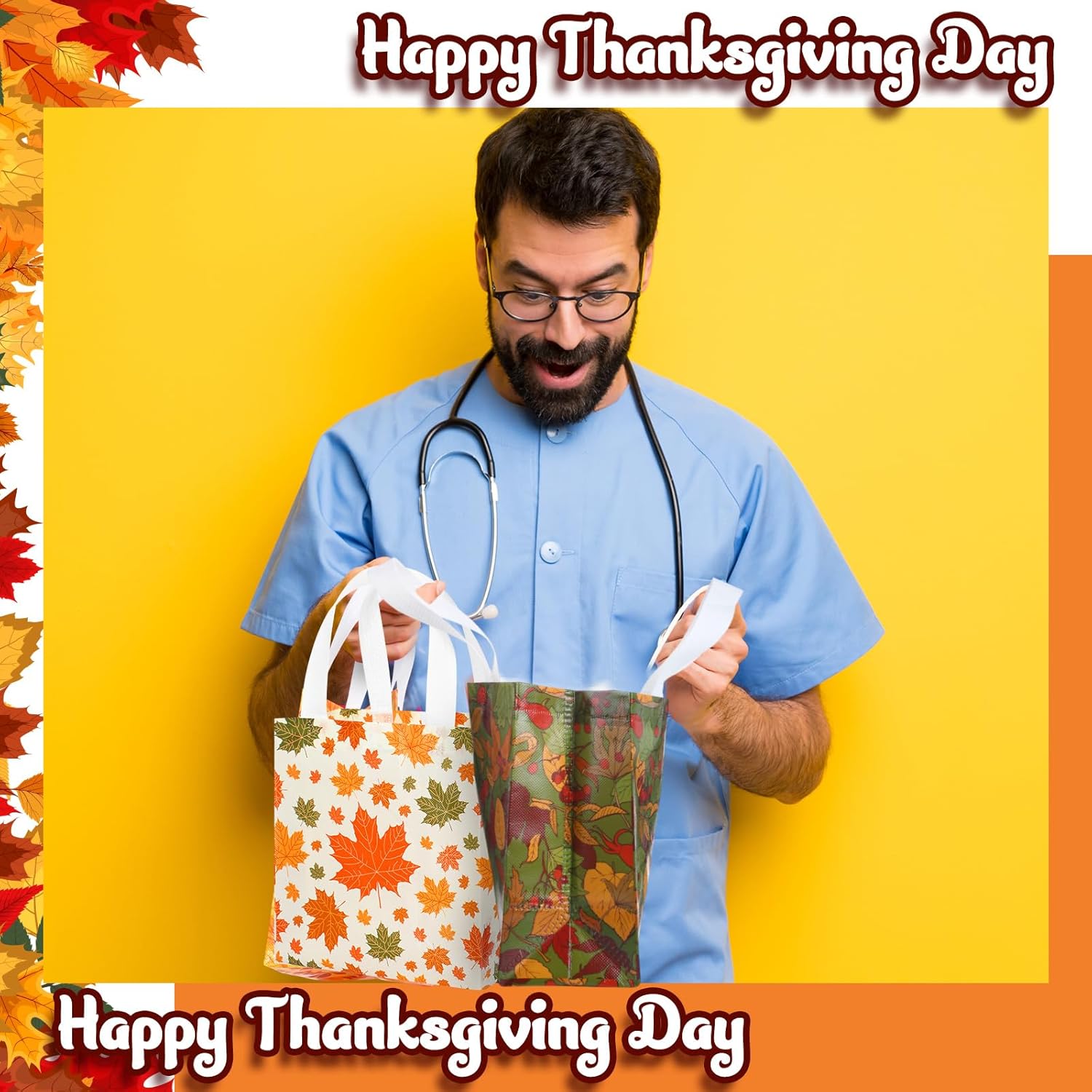 Windyun 60 Pcs Fall Thanksgiving Gift Bags Non-Woven Pumpkin Turkey Gnome Party Treat Tote with Handles Reusable Candy Goodie Stuffers Grocery Shopping for Autumn Favors Supplies (Fall Leaves) - Image 5