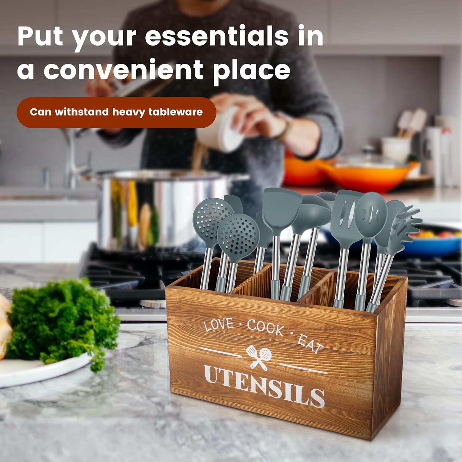 Wooden 3 Compartment Kitchen Utensil Caddy Organizer - Large Silverware Holder - Farmhouse Cooking Utensil Stand for Countertop (Brown)