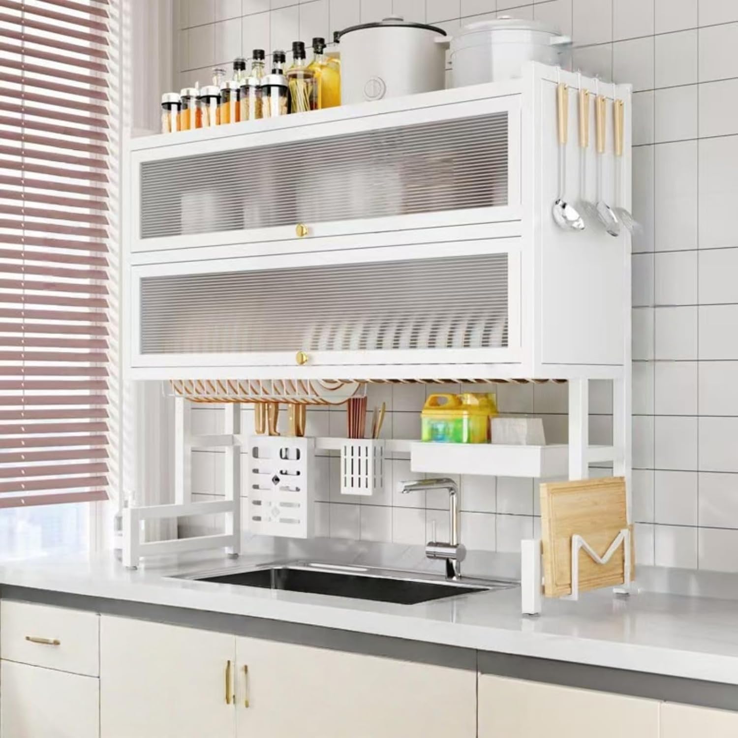 Large 3-Tier Over Sink Dish Drying Rack with Flip-top Door,Dish and Bowl Rack,Double-Layer Design,for Kitchen Storage and Organization,for Dishes,Glasses,Bowls,and Cutlery (White, 75cm/29.5in)