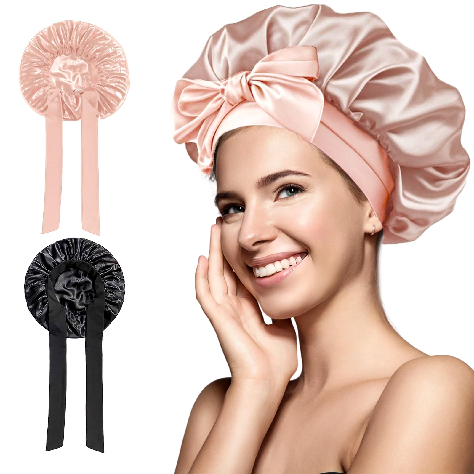 2 Pcs Satin Bonnet, Silk Bonnet with Elastic Band