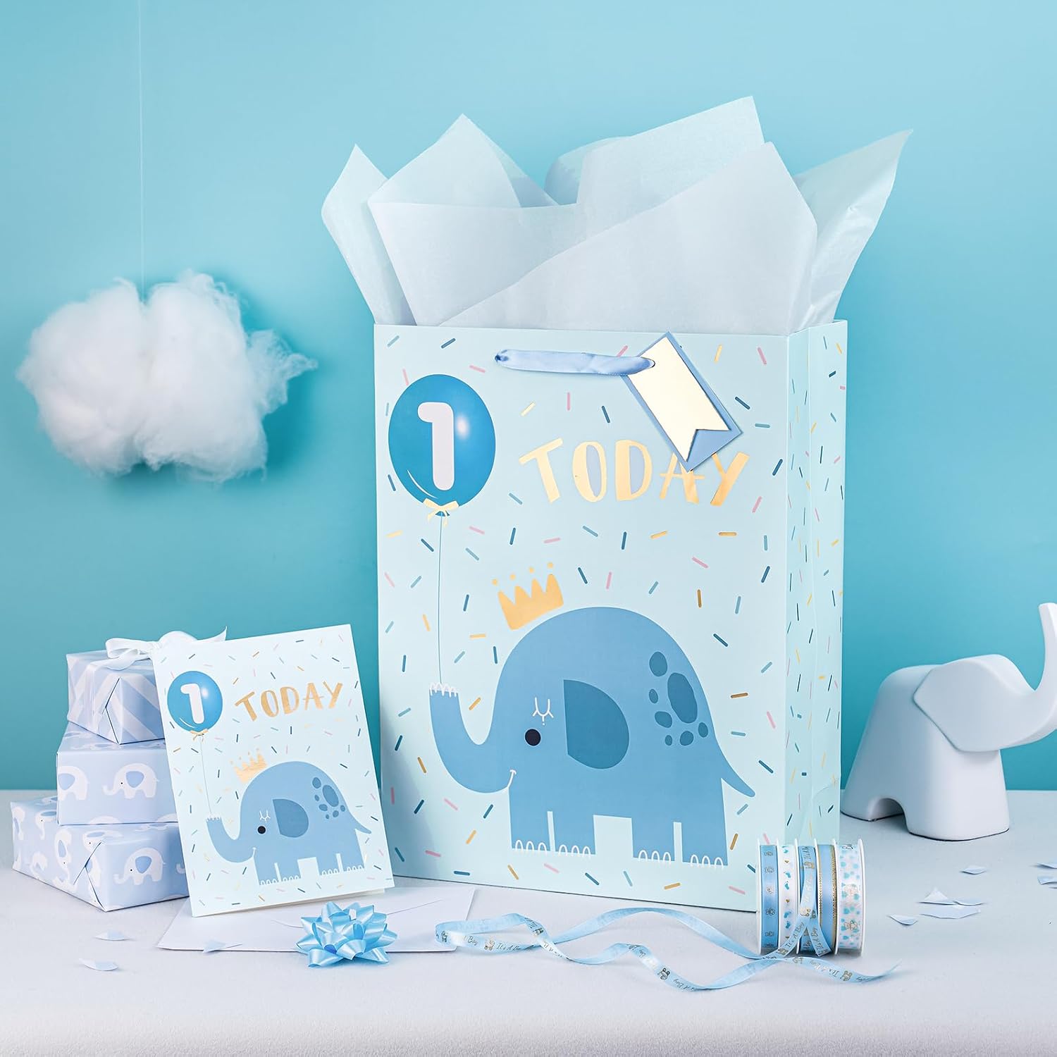 WRAPAHOLIC 16.5" Extra Large 1st Birthday Gift Bag with Card and Tissue Paper - Adorable Elephant Design for Baby Boy, Baby Shower, Party image 4