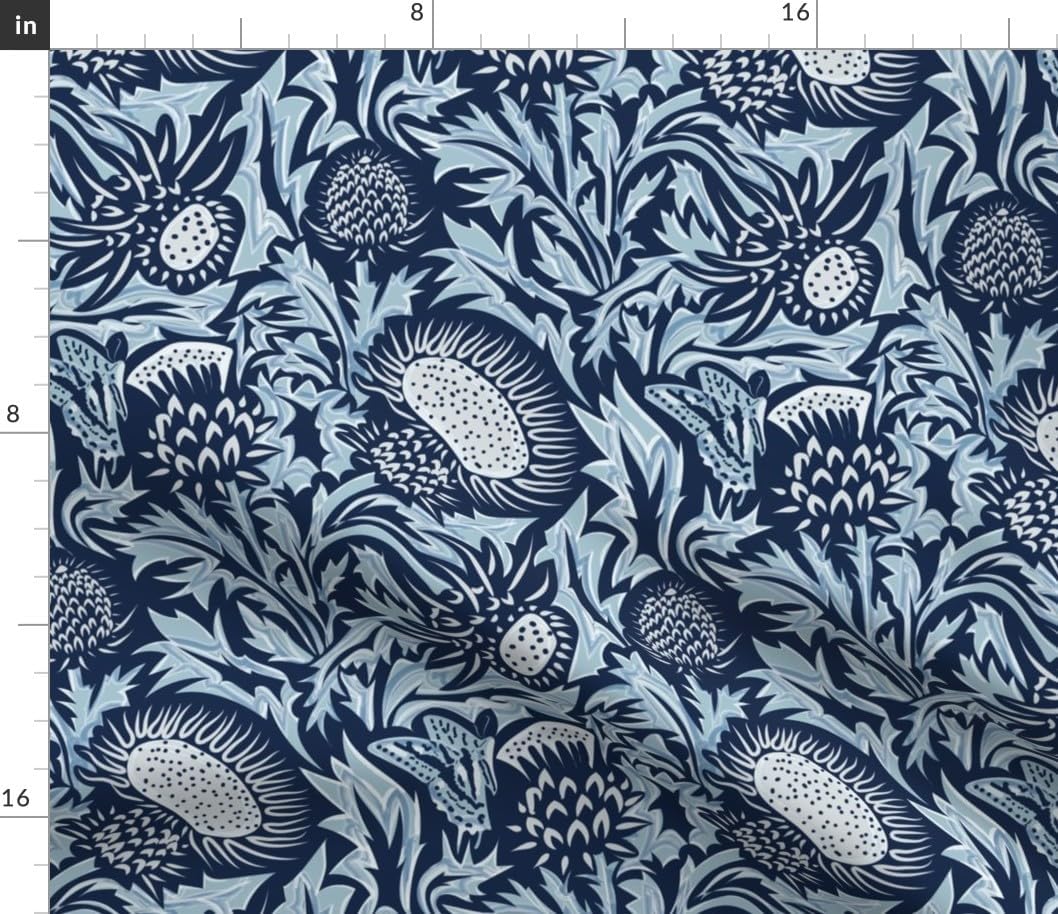Spoonflower Fabric - Thistle Navy Sky Blue Art Nouveau Damask Scottish Printed on Petal Signature Cotton Fabric by The Yard - Sewing Quilting Apparel Crafts Decor