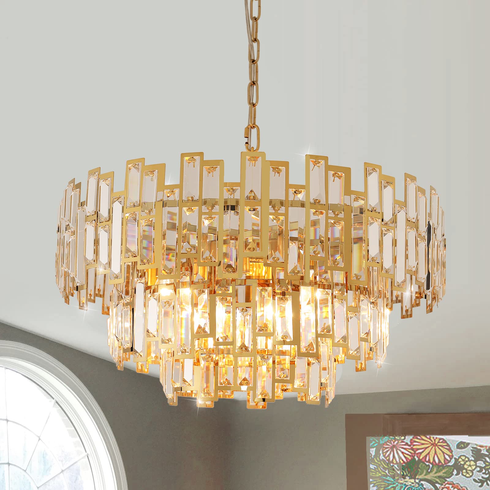 Modern Crystal Chandelier Gold Round Chandelier for Dining Room 10 Light Ceiling Pendant Light Fixture Luxury Gold Hanging Lighting for Bedroom Living Room