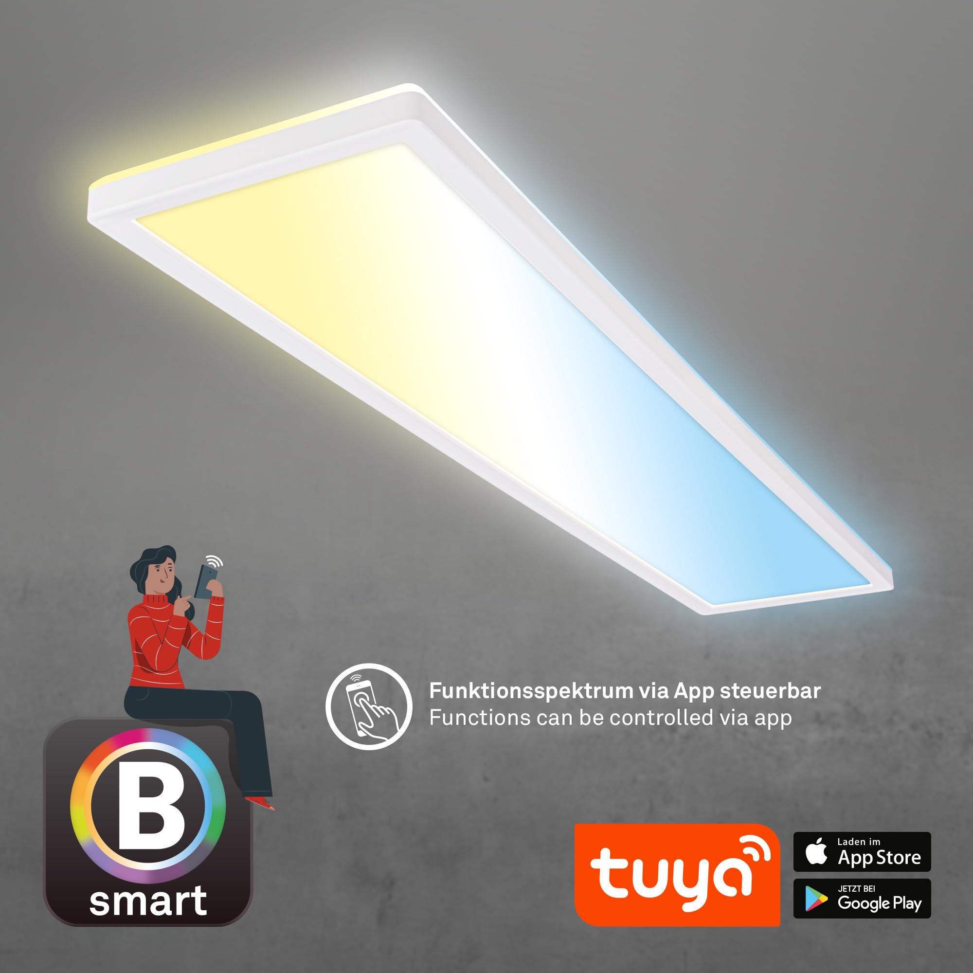 BRILONER - LED Deckenlampe 98cm flach Smart Home, funktioniert mit Alexa, Fernbedienung, Lampe, Deckenleuchte, Wohnzimmerlampe, LED Panel, Küchenlampe, Schlafzimmerlampe, 98x20x3 cm, Weiß