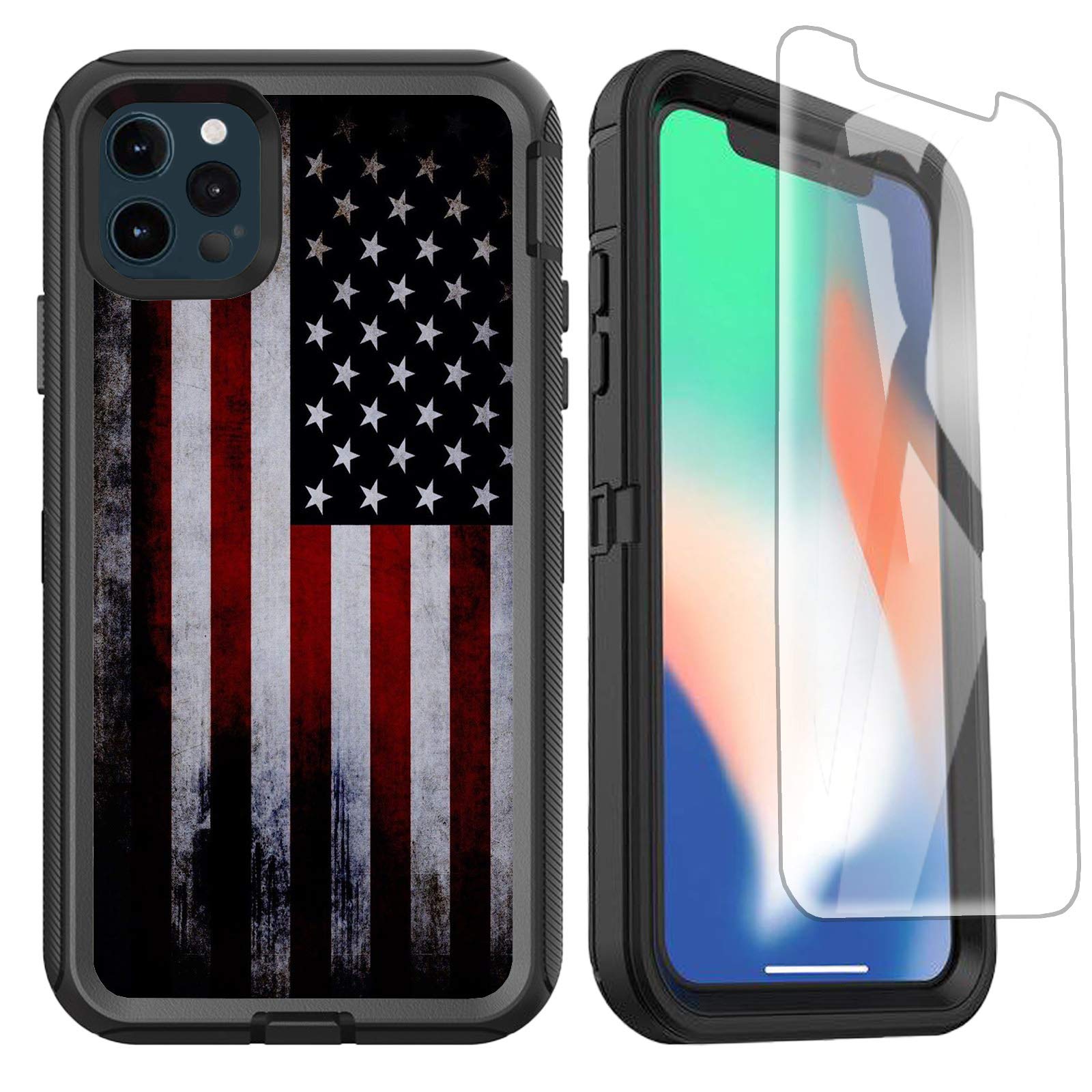 OTTARTAKS iPhone 12 Pro Max Case with Screen Protector, Red Old American Flag Design iPhone 12 Pro Max Case for Men Boys, Full Body Heavy Duty Shockproof Protective Case for iPhone 12 Pro Max USA Flag