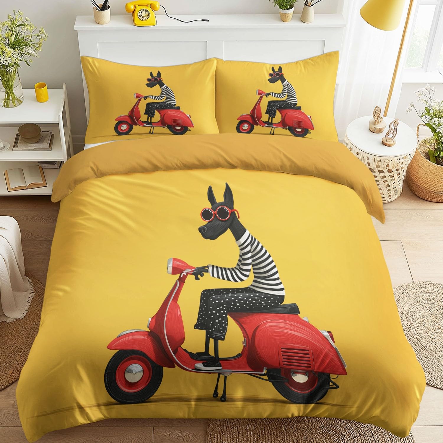 Copripiumino da 180 x 200 cm, di alta qualità, colore giallo senape, resistente al colore, motivo cane nero, scooter, occhiali da sole, libro per bambini, ragazzi e adulti